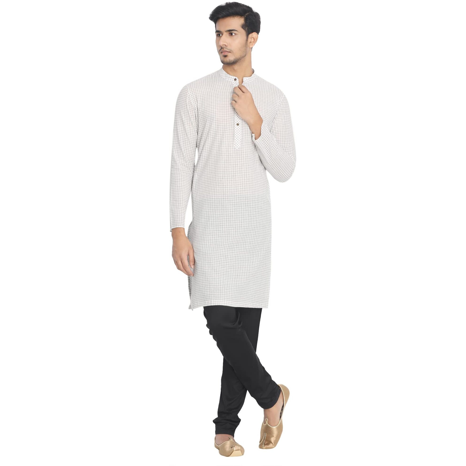 Manyavar Checkerd Full Sleeves Casual Wear Kurta for Men (Small, White)