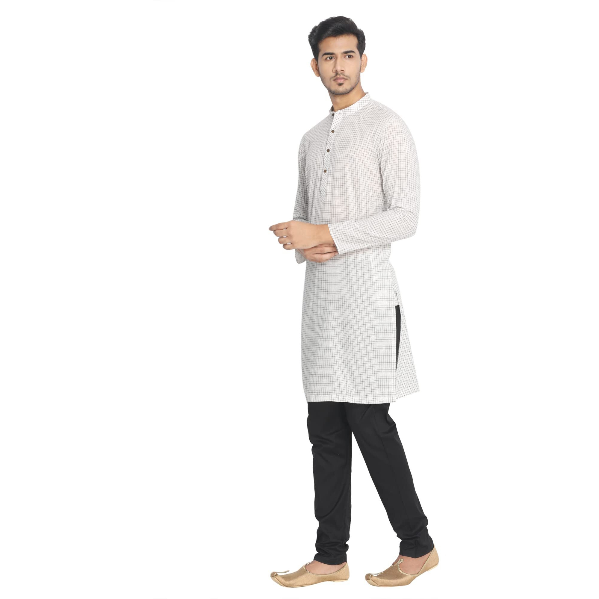 Manyavar Checkerd Full Sleeves Casual Wear Kurta for Men (Small, White)