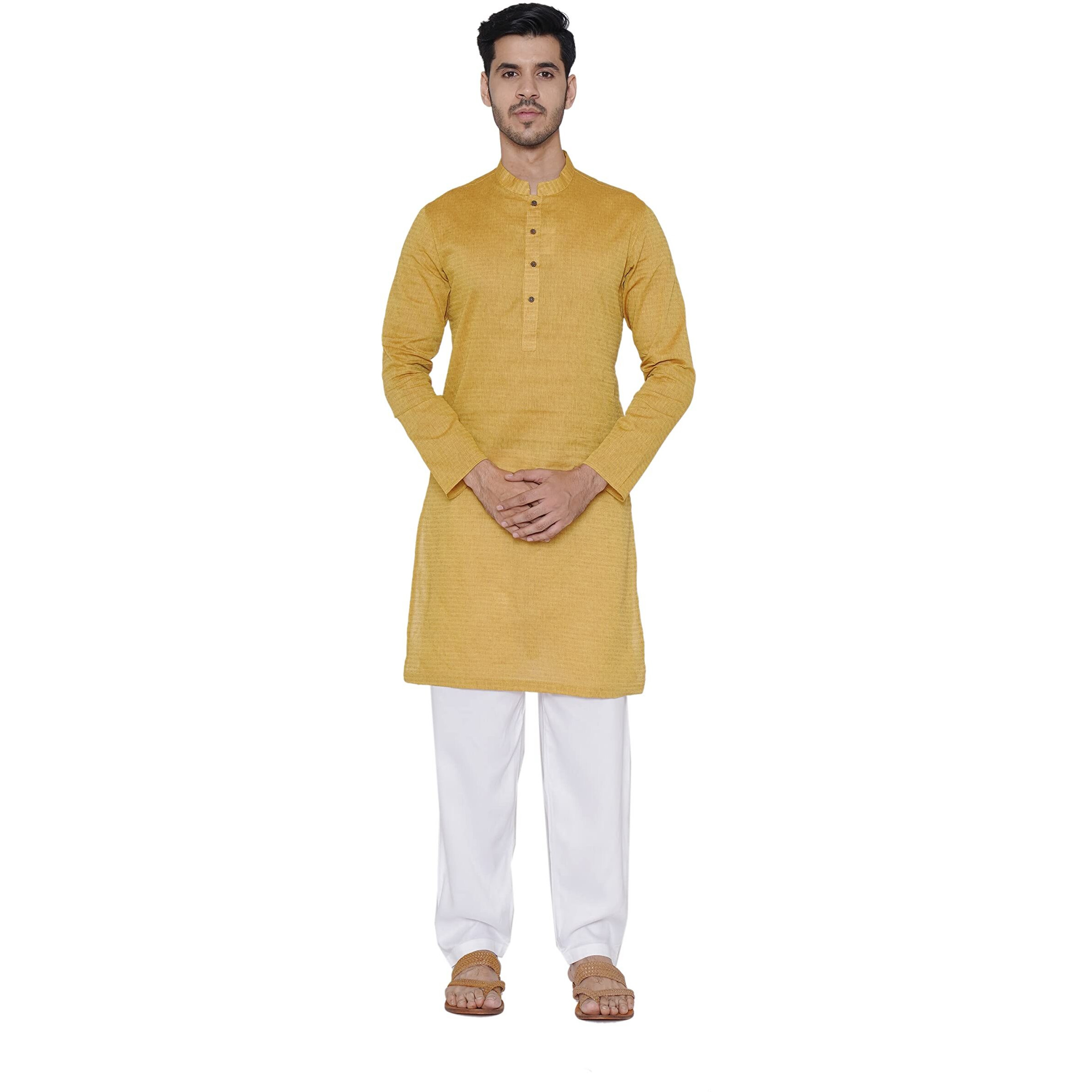 Manyavar Mens Self Designed Printed Cotton Kurta, Full Sleeves with Mandarian Collar, Art Silk, Knee Length Kurtas for Casual Wear (Yellow, 2XL)