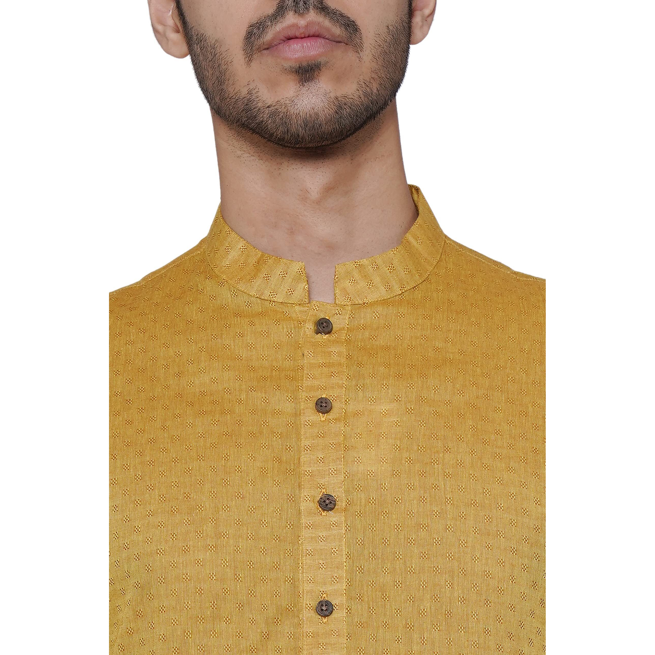 Manyavar Mens Self Designed Printed Cotton Kurta, Full Sleeves with Mandarian Collar, Art Silk, Knee Length Kurtas for Casual Wear (Yellow, 2XL)