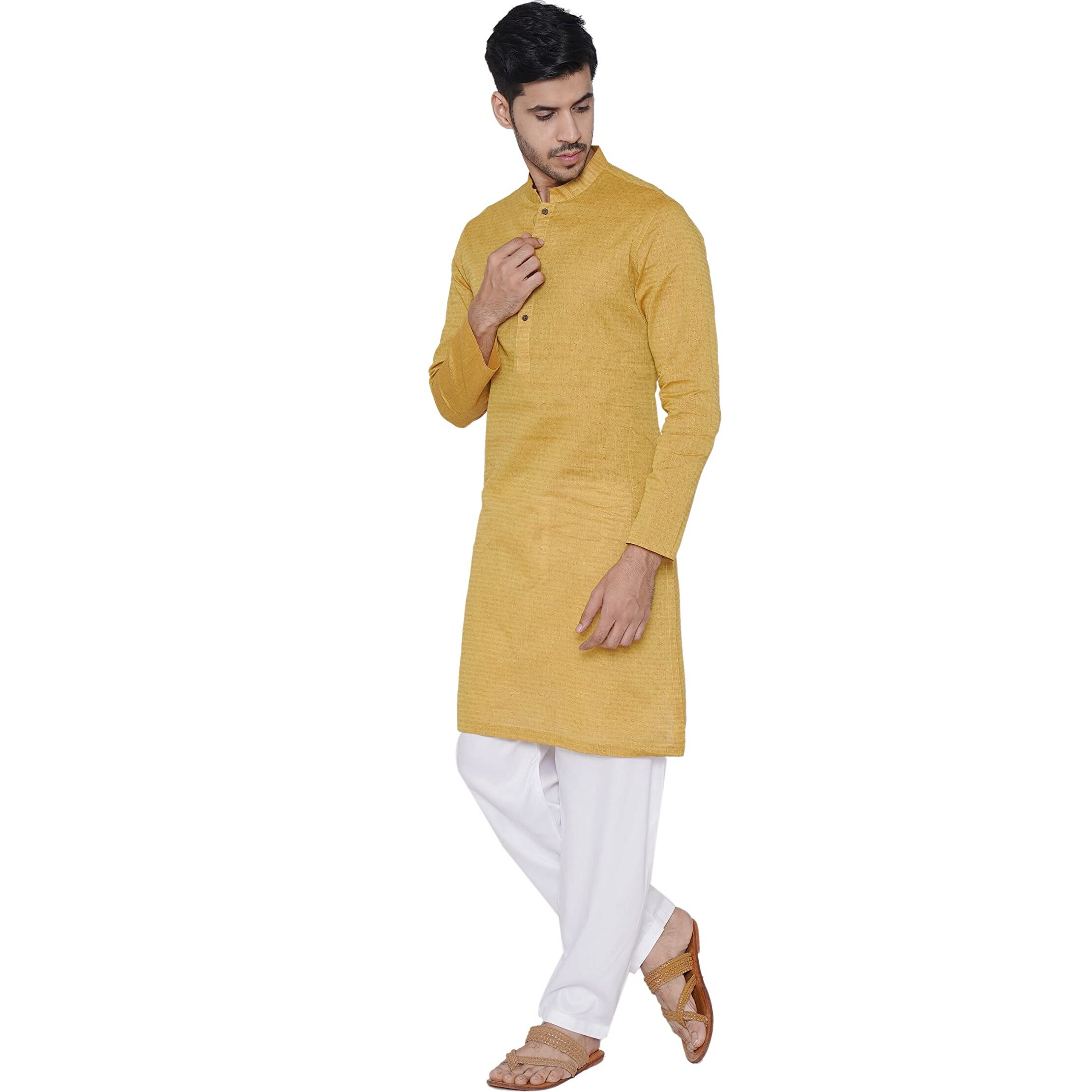 Manyavar Mens Self Designed Printed Cotton Kurta, Full Sleeves with Mandarian Collar, Art Silk, Knee Length Kurtas for Casual Wear (Yellow, 2XL)