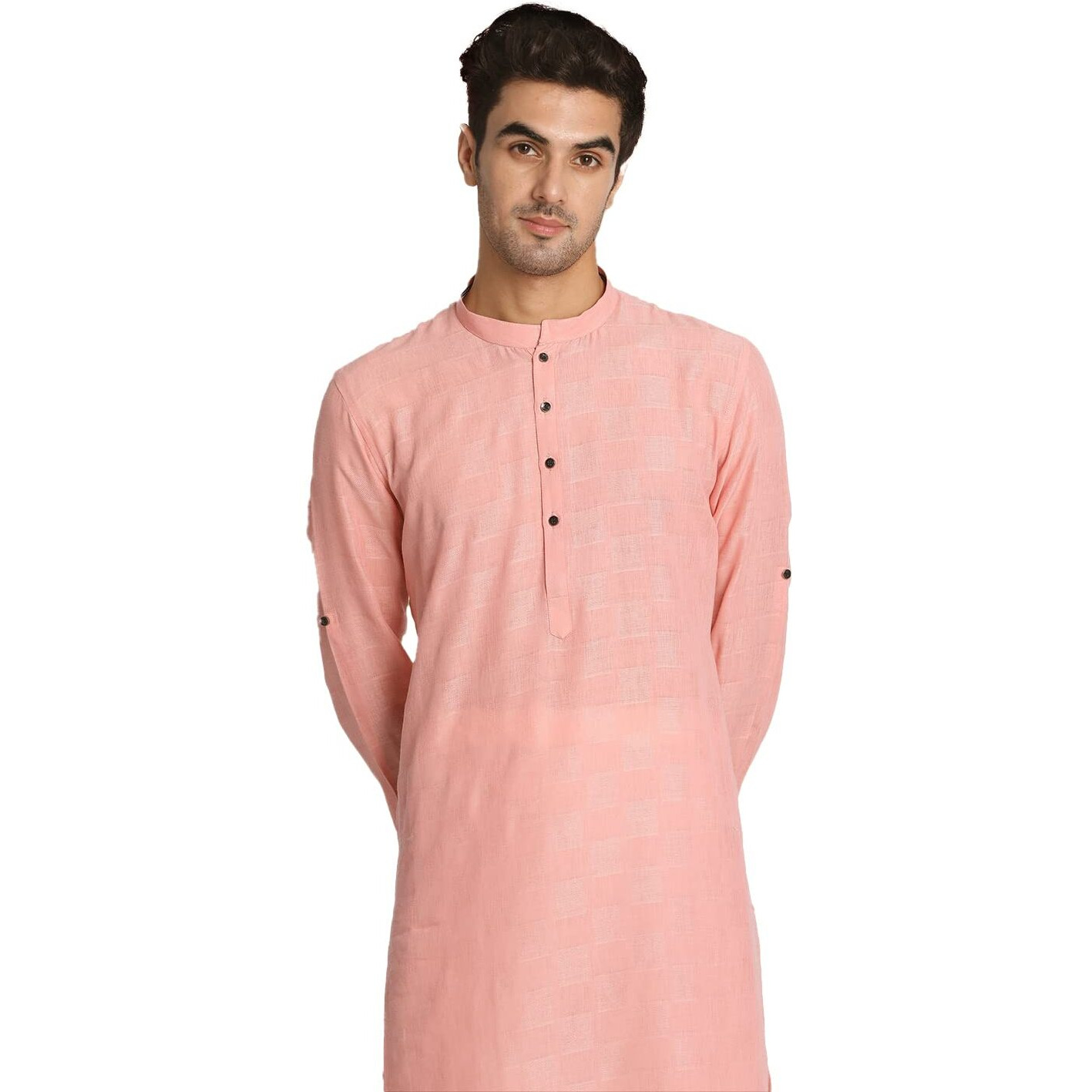 Manyavar Men's Kurta, Full Sleeves Self Design Blended Viscose Gajari (X-Large)