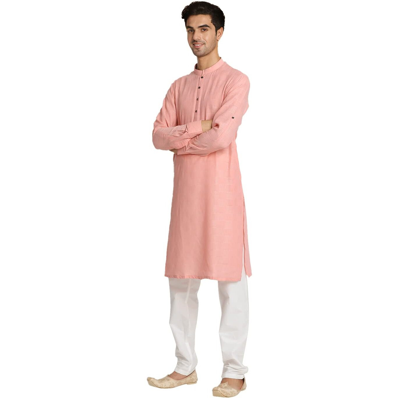 Manyavar Men's Kurta, Full Sleeves Self Design Blended Viscose Gajari (X-Large)