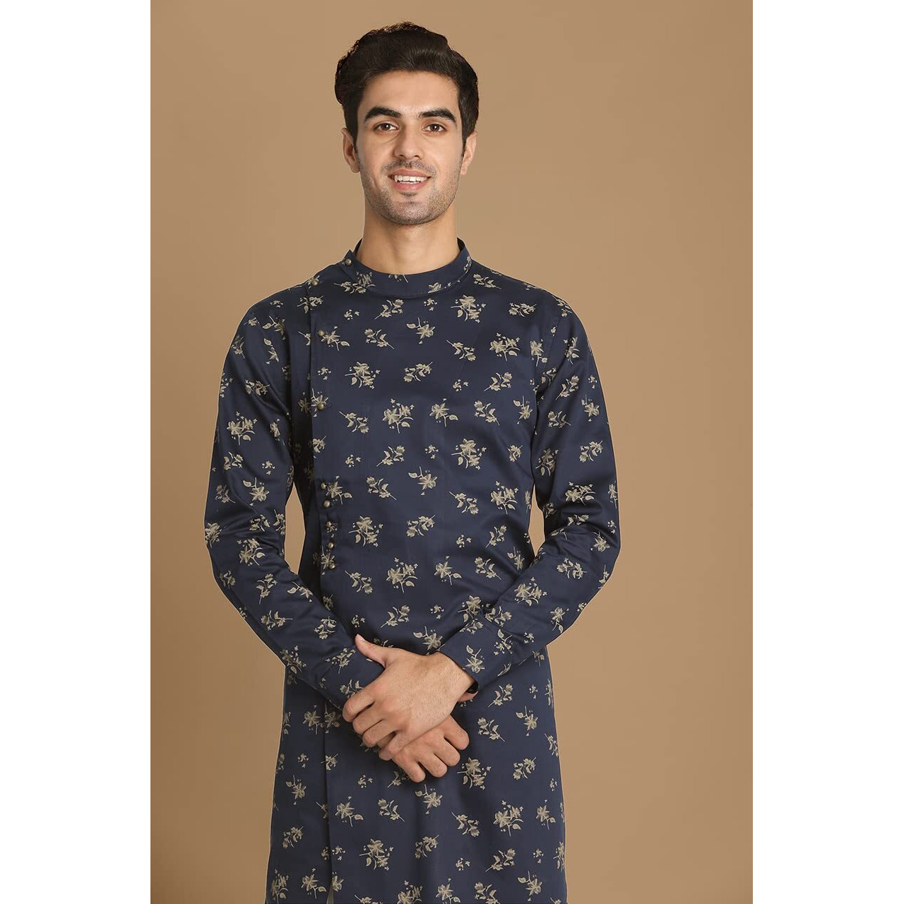 Manyavar Printed Knee Long Kurta for Men - (Blue, Large)