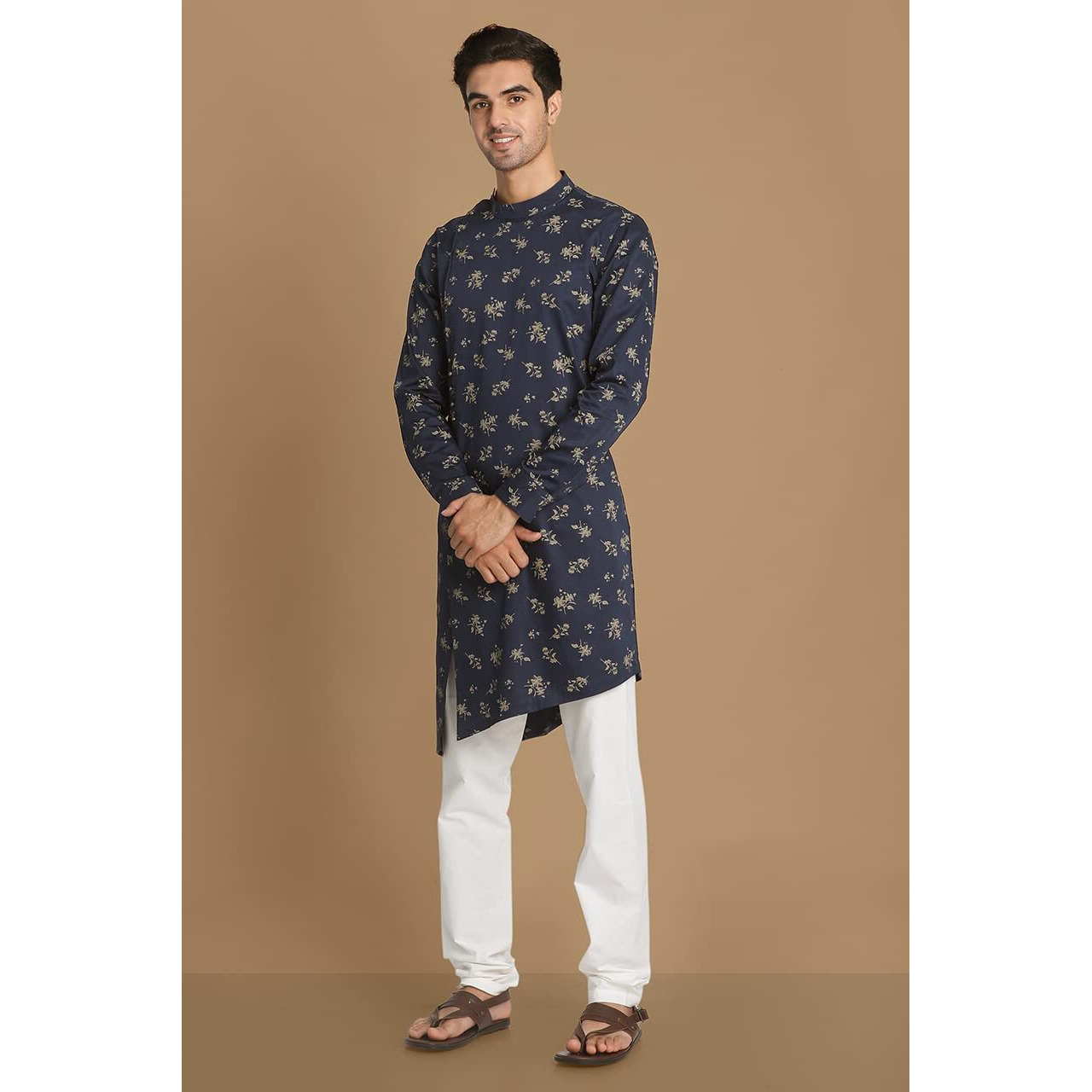 Manyavar Printed Knee Long Kurta for Men - (Blue, Large)