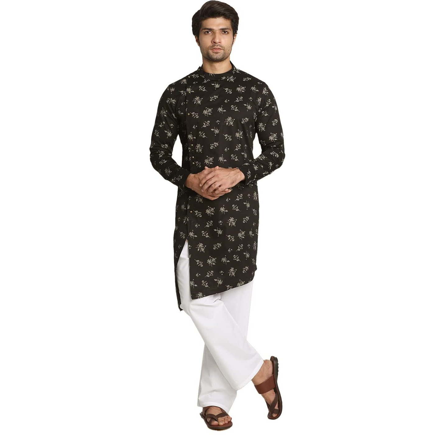 Manyavar Men's Kurta, Full Sleeves Self Design Blend Kurta for Mened Viscose Gajari (Medium) Black