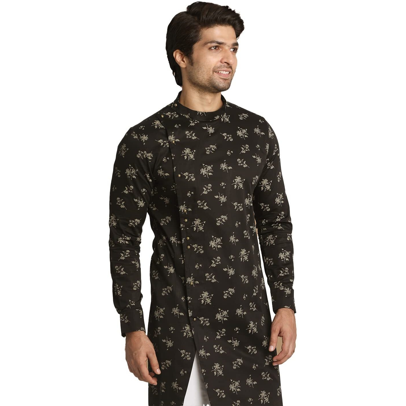 Manyavar Men's Kurta, Full Sleeves Self Design Blend Kurta for Mened Viscose Gajari (Medium) Black
