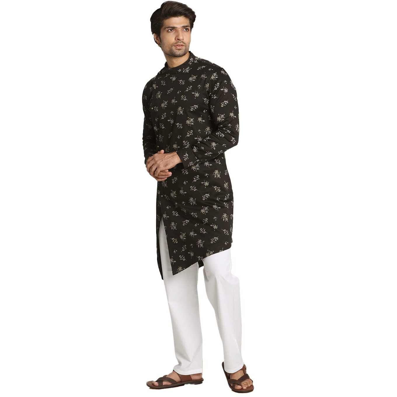 Manyavar Men's Kurta, Full Sleeves Self Design Blend Kurta for Mened Viscose Gajari (Medium) Black