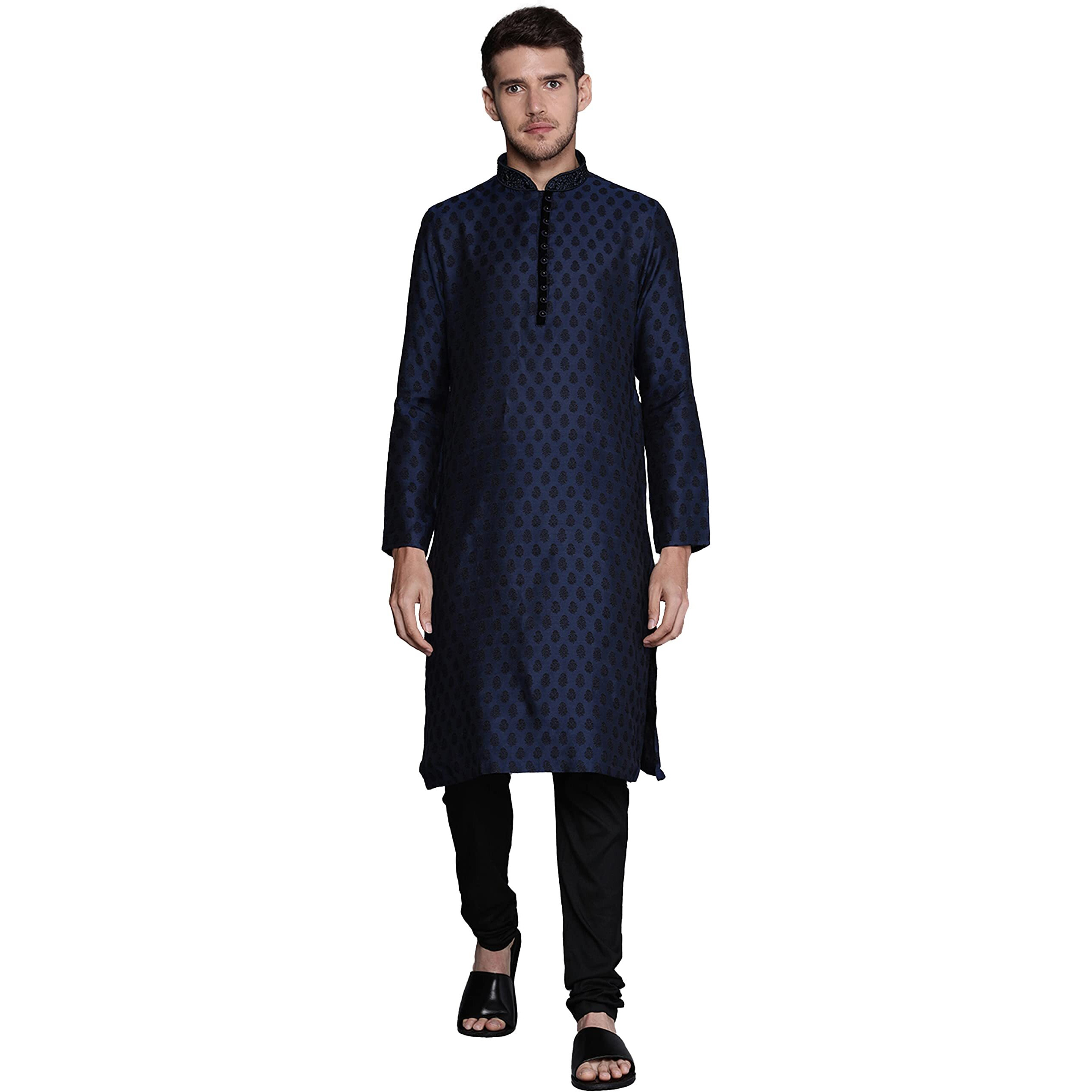 Manyavar Kurta Set For Men, Full Sleeves Mandarin Collar Ethnic Kurta Set For Engagement, Wedding, Party Solid (Blue, L)