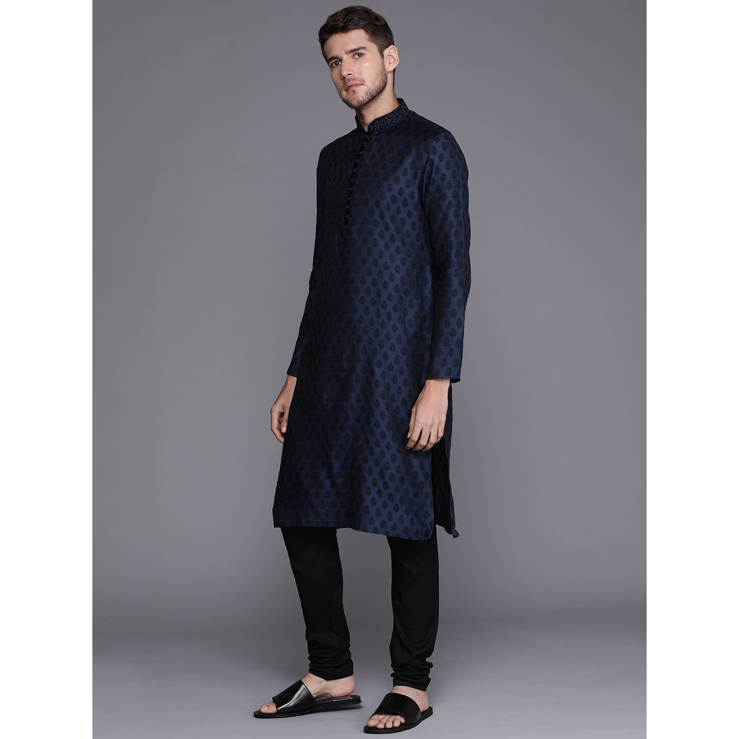 Manyavar Kurta Set For Men, Full Sleeves Mandarin Collar Ethnic Kurta Set For Engagement, Wedding, Party Solid (Blue, L)