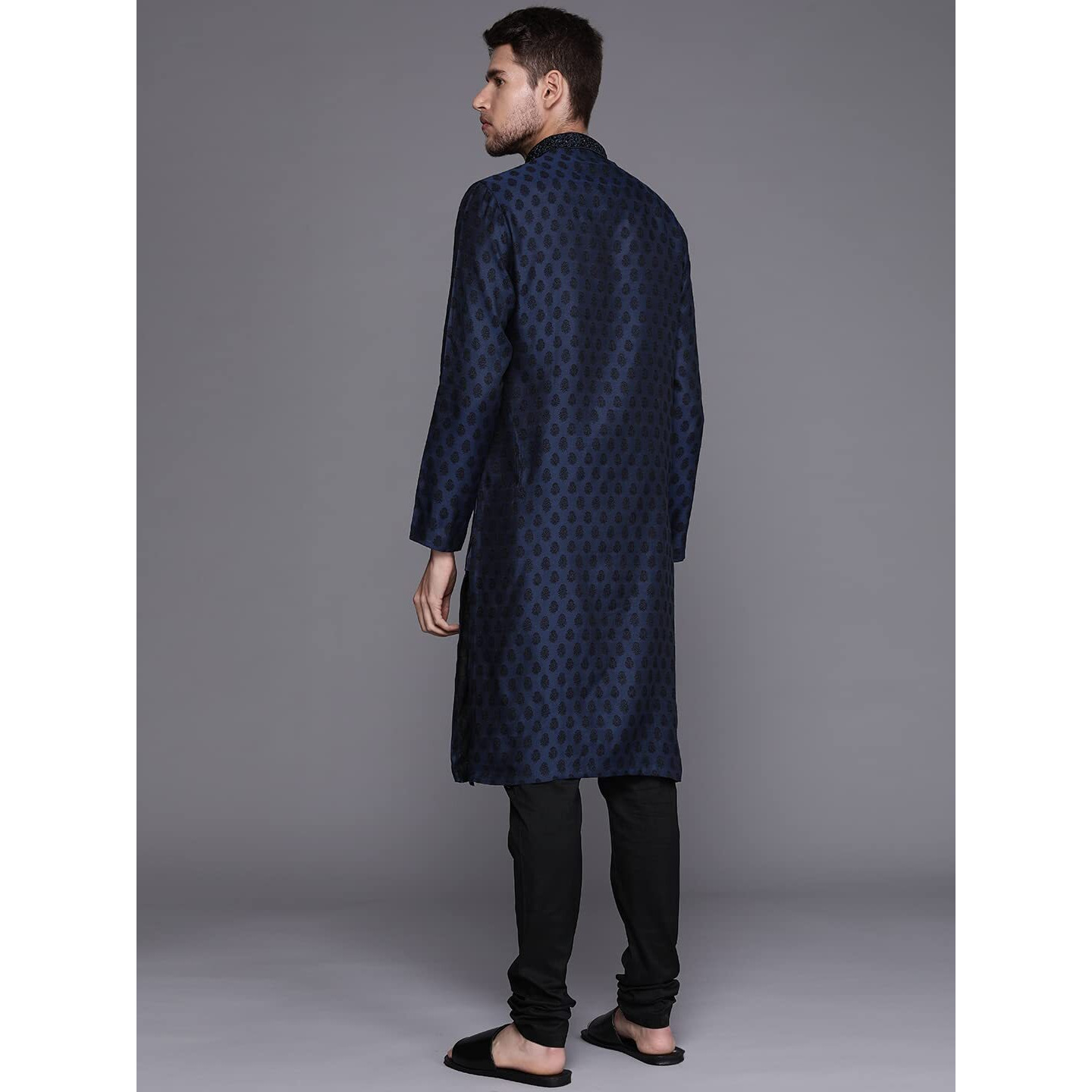 Manyavar Kurta Set For Men, Full Sleeves Mandarin Collar Ethnic Kurta Set For Engagement, Wedding, Party Solid (Blue, L)