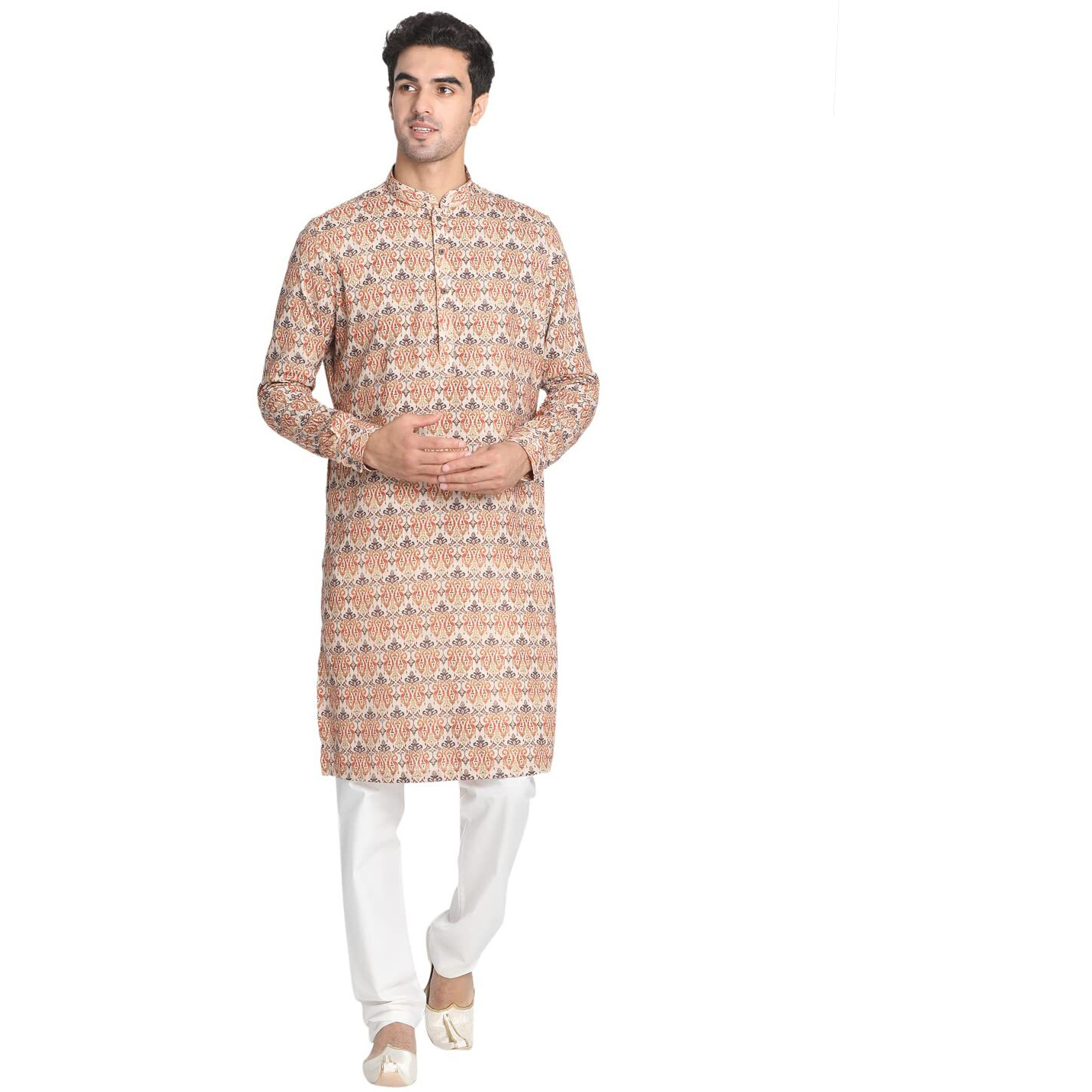 Manyavar Mens Kurta Only, Ethnic Kurta for Men, Full Sleeves Mandarin Collar Printed Blended Viscose Orange Kurta (2XL)