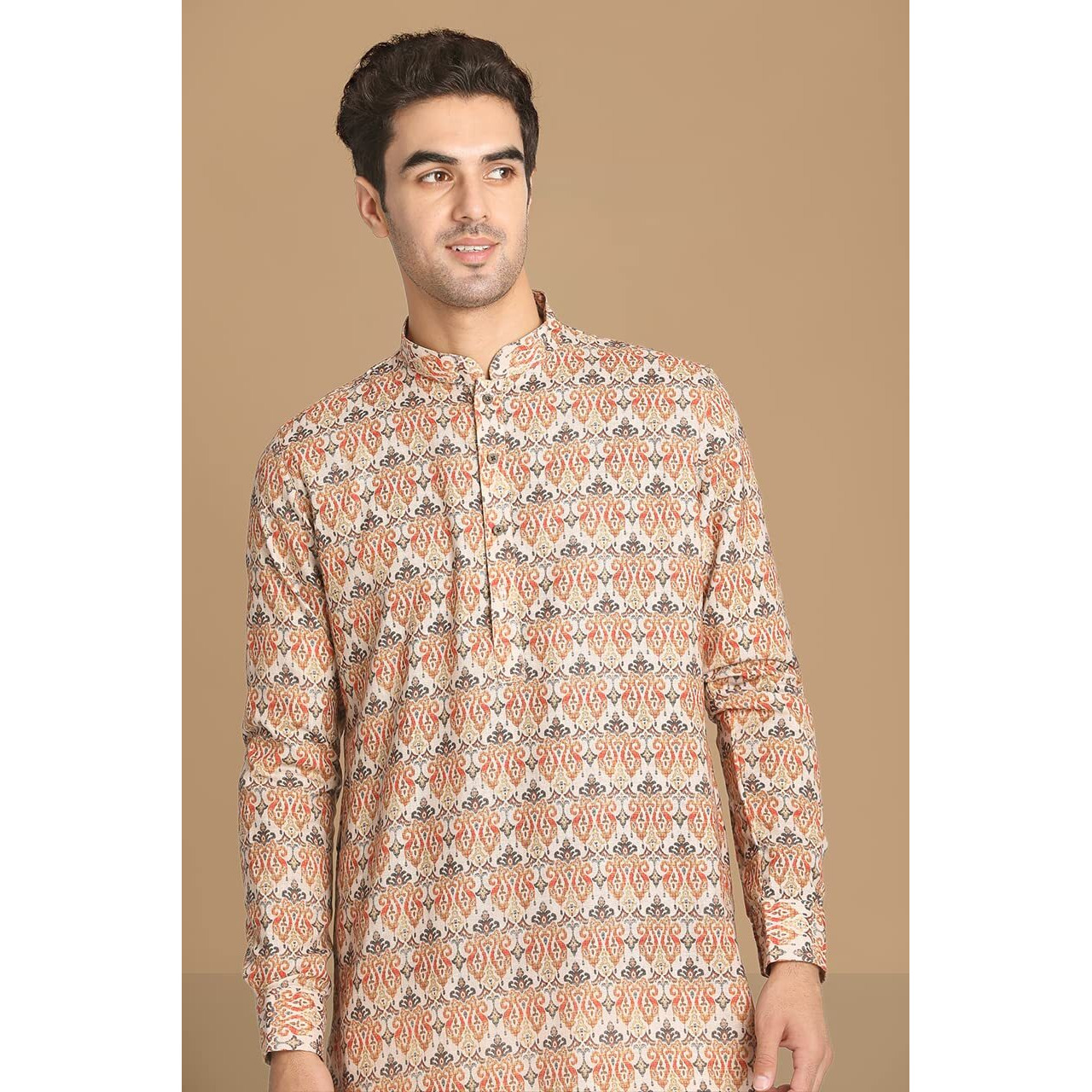 Manyavar Mens Kurta Only, Ethnic Kurta for Men, Full Sleeves Mandarin Collar Printed Blended Viscose Orange Kurta (2XL)