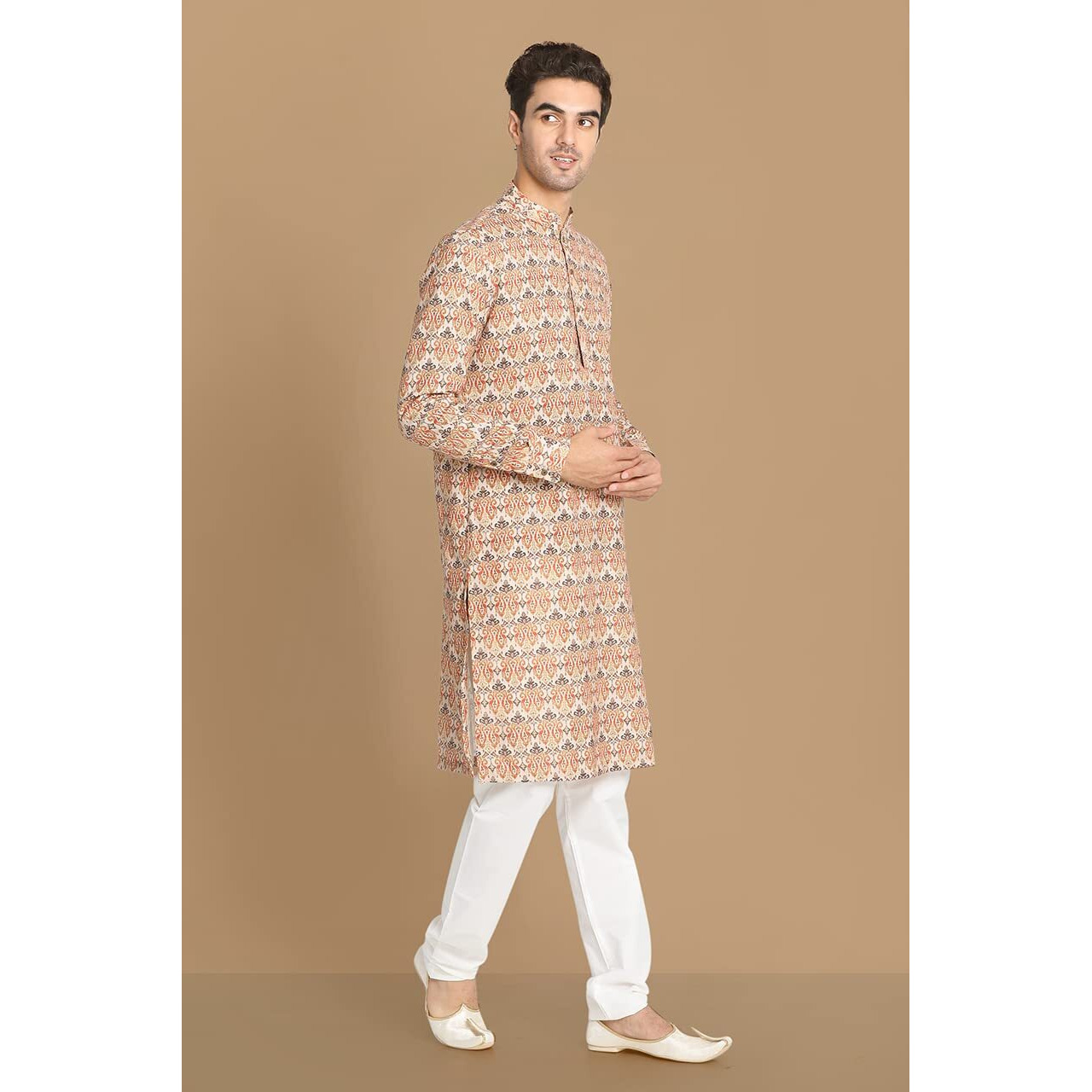 Manyavar Mens Kurta Only, Ethnic Kurta for Men, Full Sleeves Mandarin Collar Printed Blended Viscose Orange Kurta (2XL)