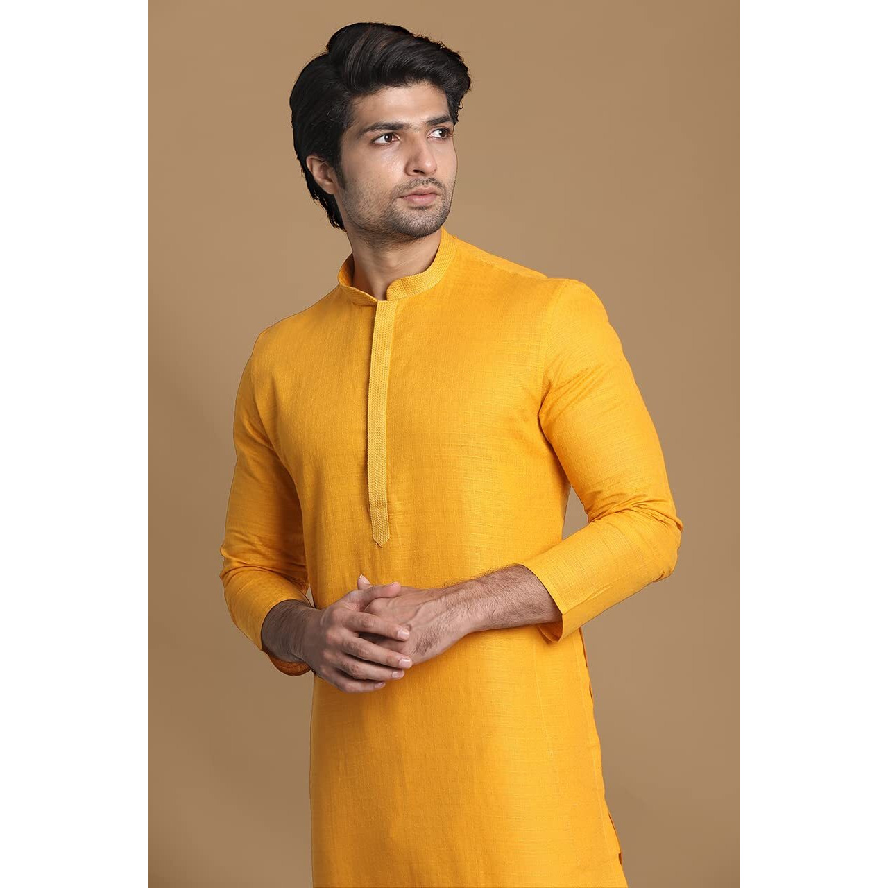 Manyavar SelfDesign Knee Long Kurta and Churidar Set for Men - (Mustard, XX-Large)