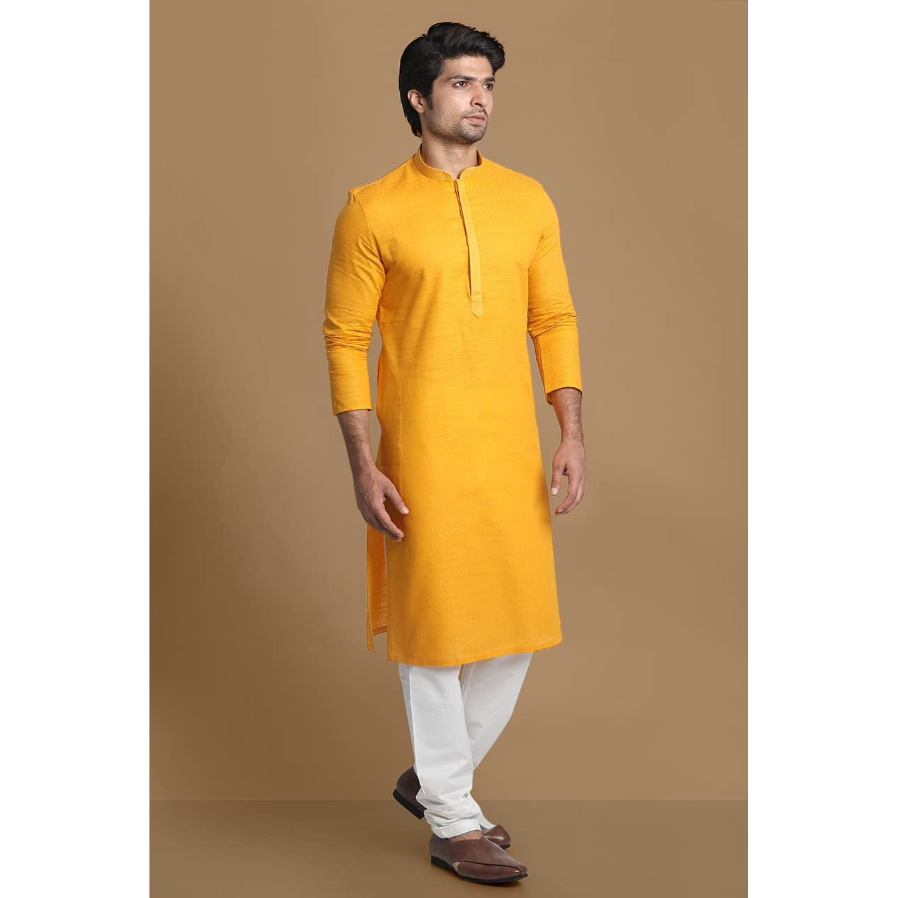 Manyavar SelfDesign Knee Long Kurta and Churidar Set for Men - (Mustard, XX-Large)