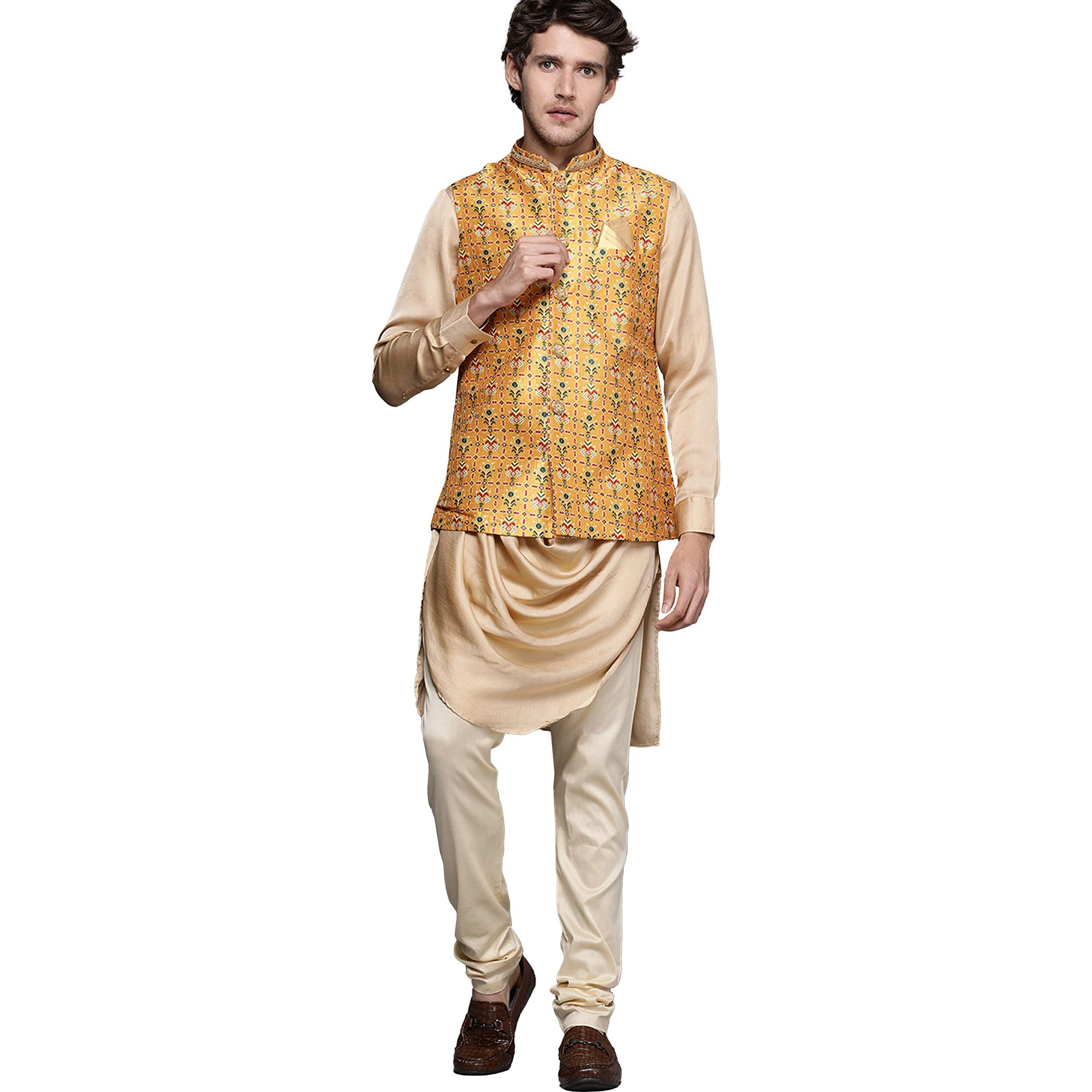 Manyavar Kurta Jacket Set for Men, Full Sleeves Mandarin Collar Ethnic Wear Jacket Set for Festival, Wedding, Party Art Silk (Mustard, XL)