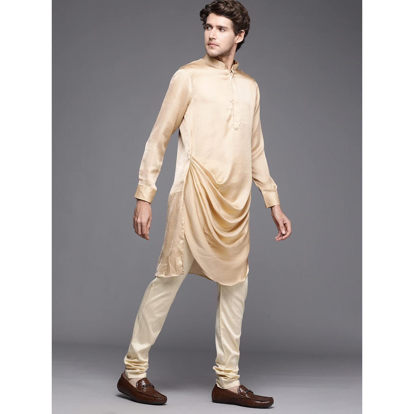 Manyavar Kurta Jacket Set for Men, Full Sleeves Mandarin Collar Ethnic Wear Jacket Set for Festival, Wedding, Party Art Silk (Mustard, XL)