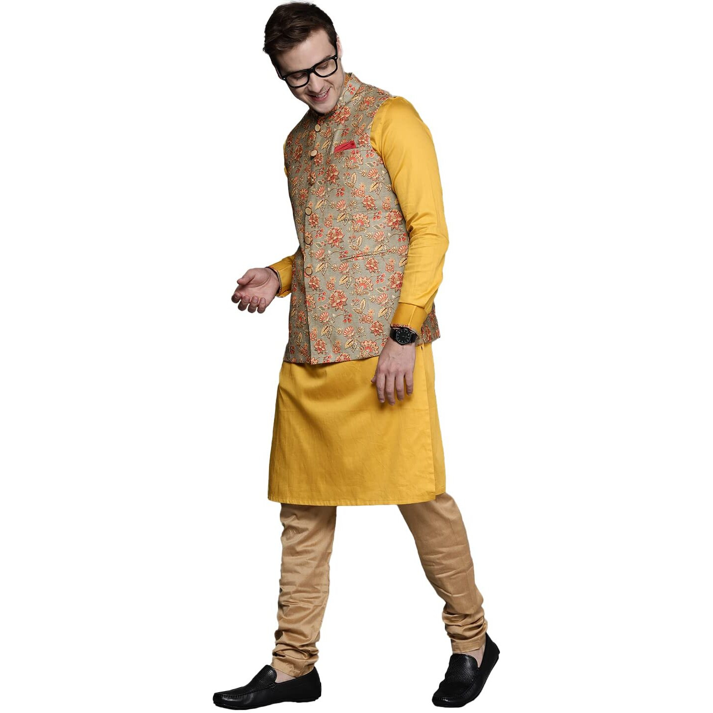 Manyavar Men's Rayon Regular Tunic Shirt (JAST186-328-M_Light Orange_M)