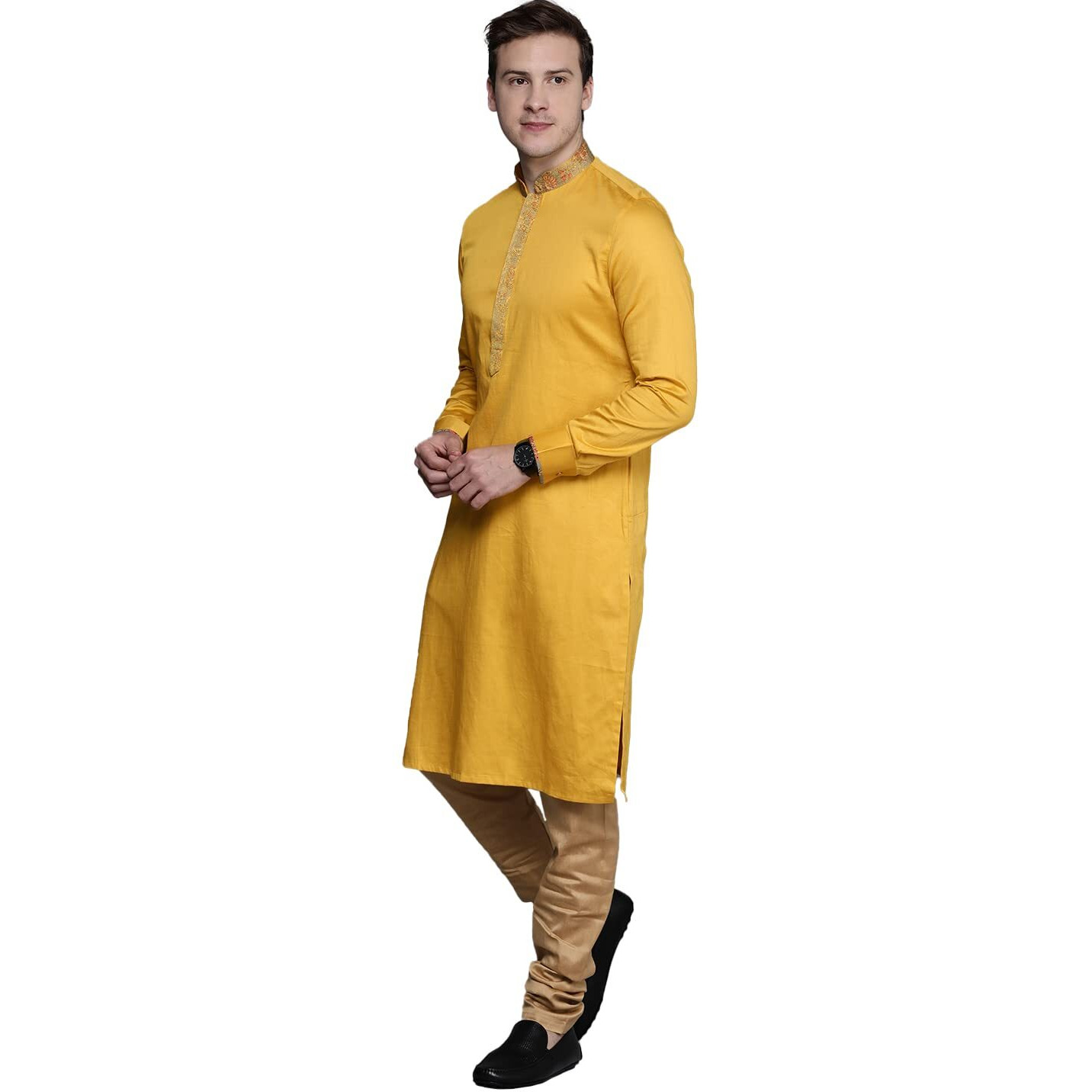 Manyavar Men's Rayon Regular Tunic Shirt (JAST186-328-M_Light Orange_M)