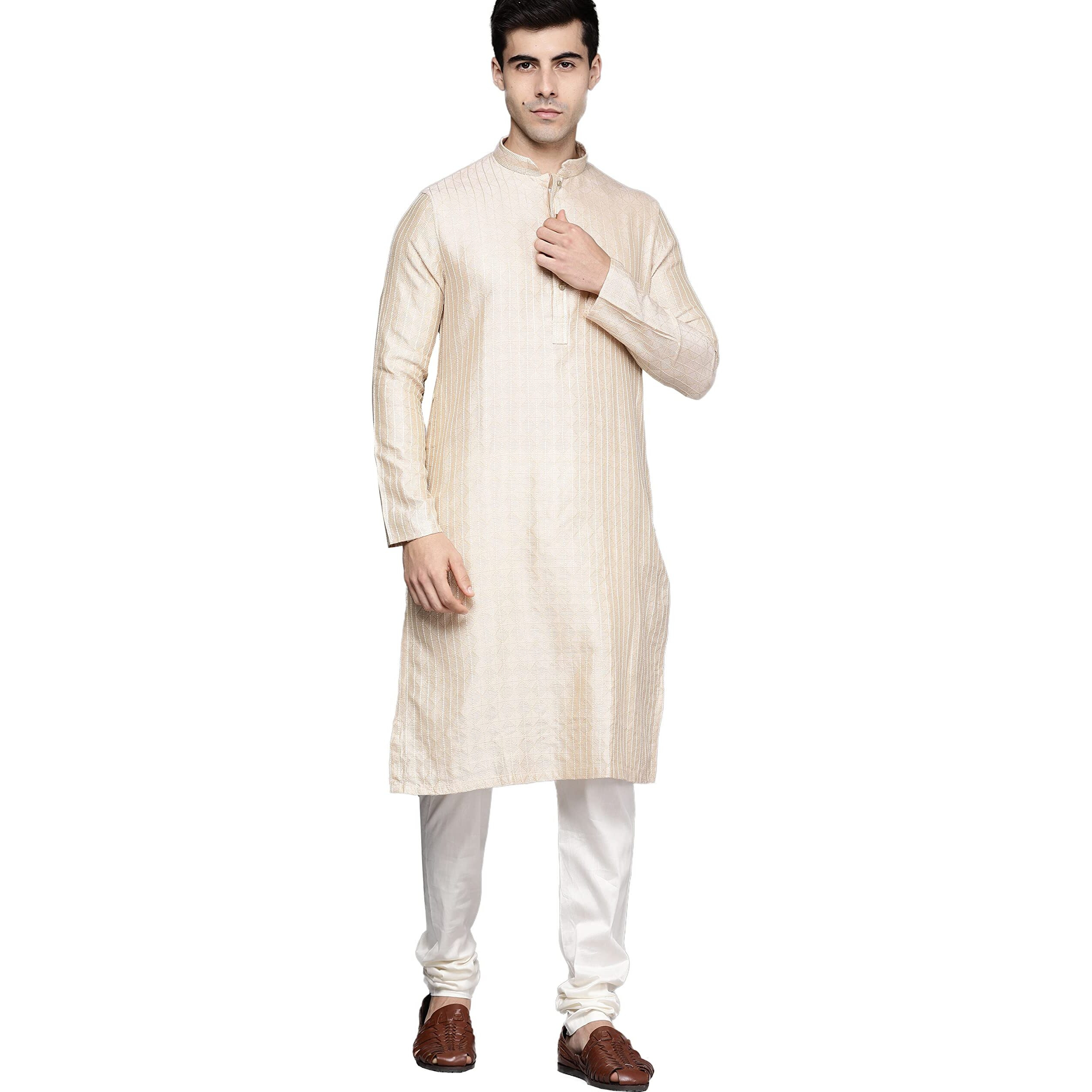 Manyavar Kurta Set For Men, Full Sleeves Mandarin Collar Ethnic Kurta Set For Engagement, Wedding, Party Solid (Fawn, XL)