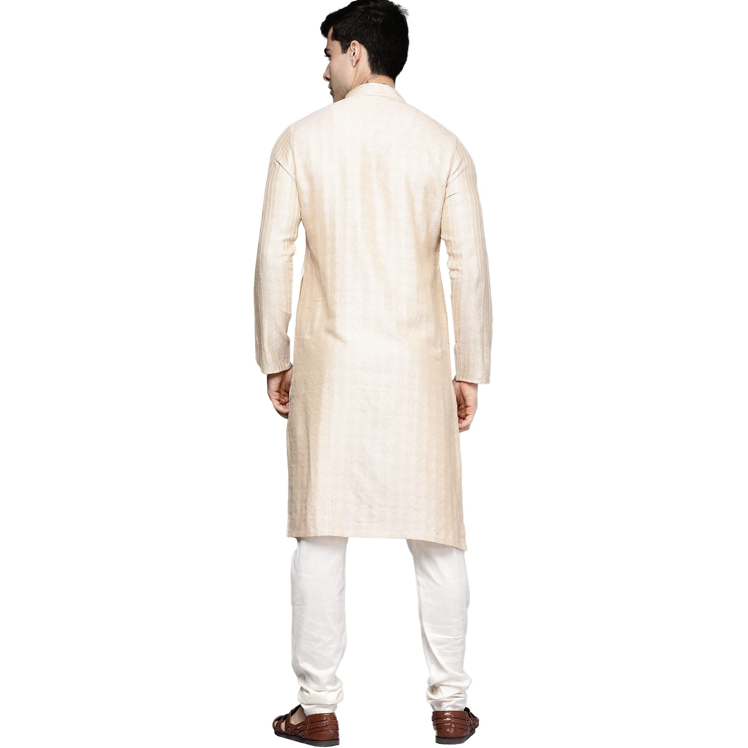 Manyavar Kurta Set For Men, Full Sleeves Mandarin Collar Ethnic Kurta Set For Engagement, Wedding, Party Solid (Fawn, XL)