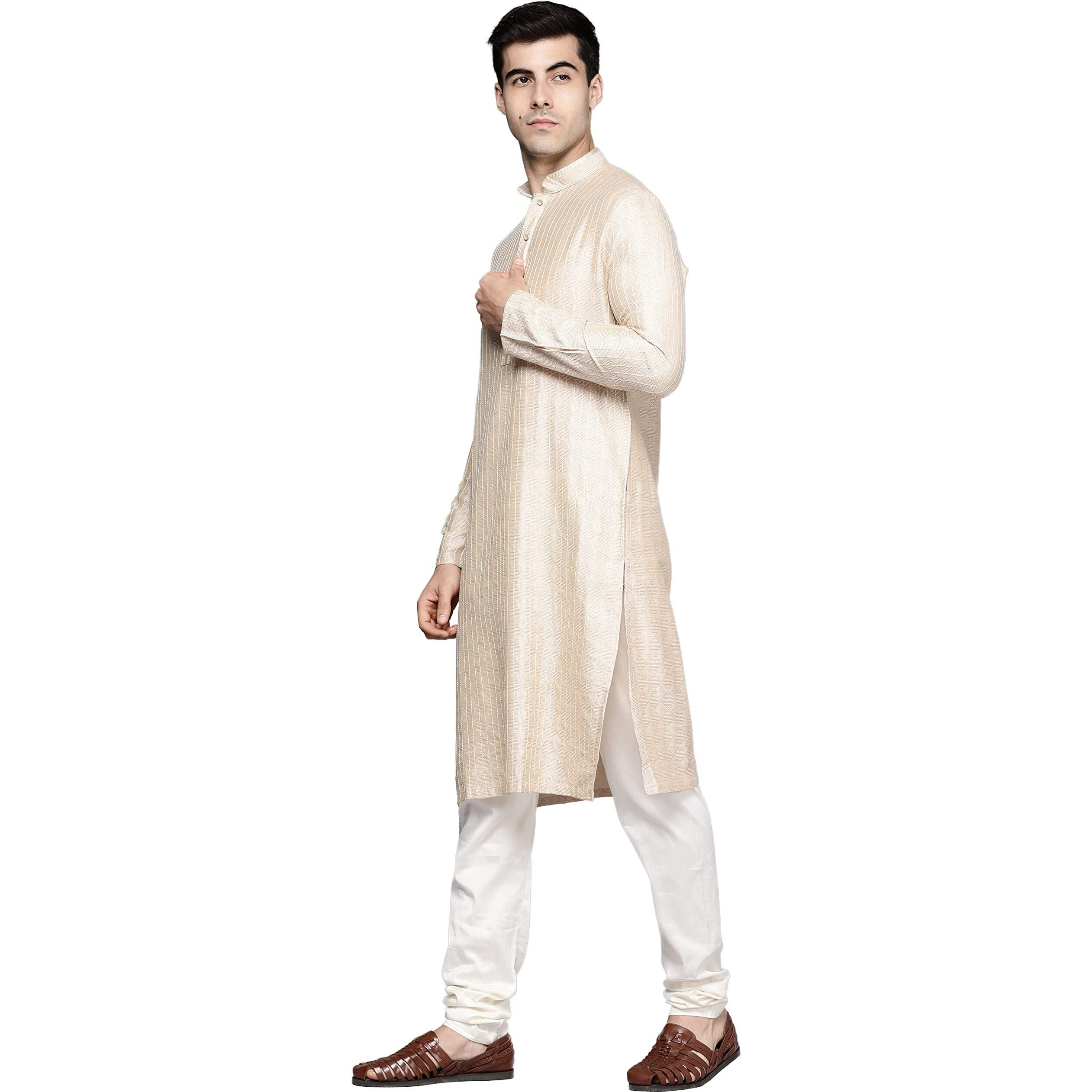 Manyavar Kurta Set For Men, Full Sleeves Mandarin Collar Ethnic Kurta Set For Engagement, Wedding, Party Solid (Fawn, XL)