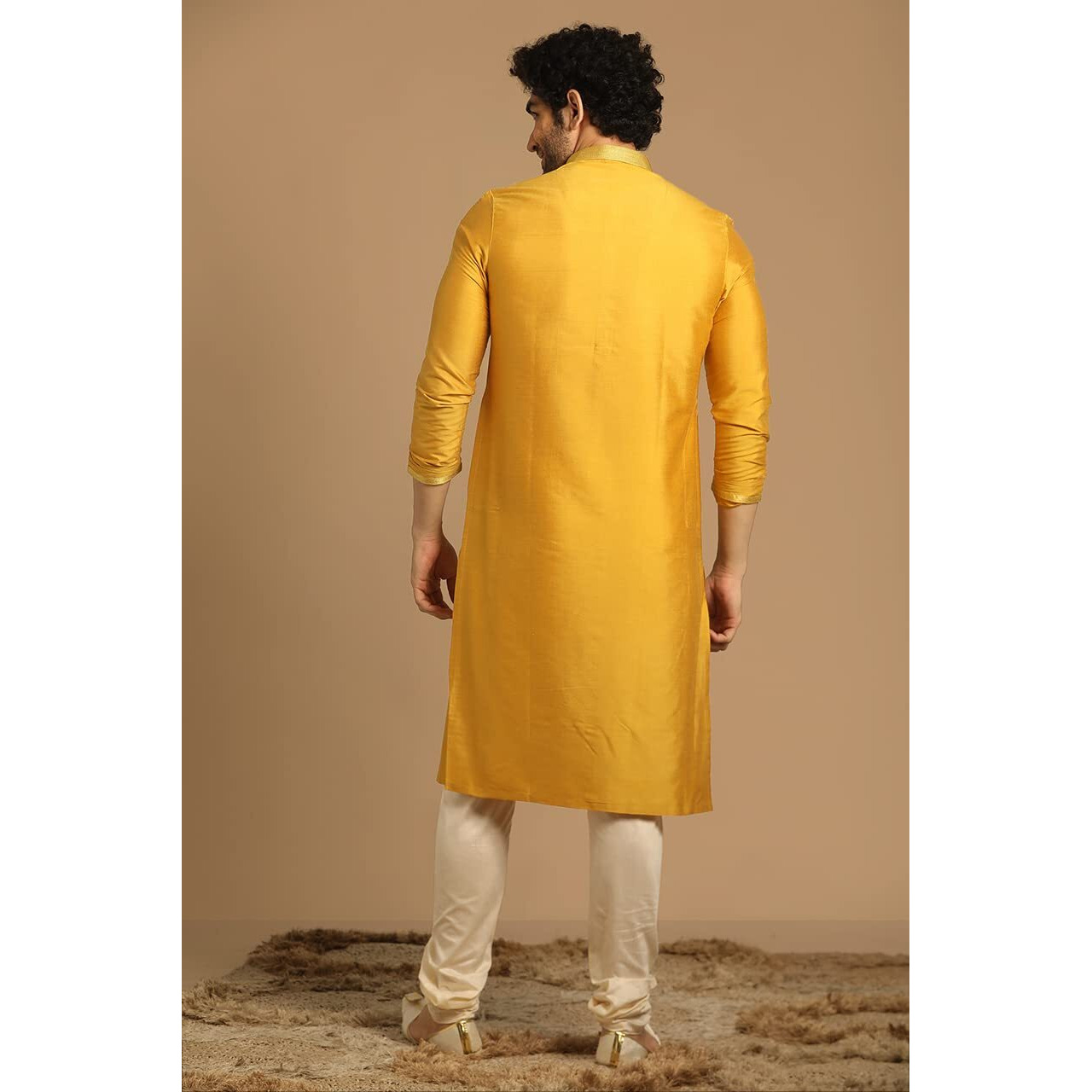 Manyavar Kurta Set for Men, Full Sleeves Mandarin Collar Ethnic Men's Kurta Set For Engagement, Wedding, Party Art Silk Solid (Mustard, XL)