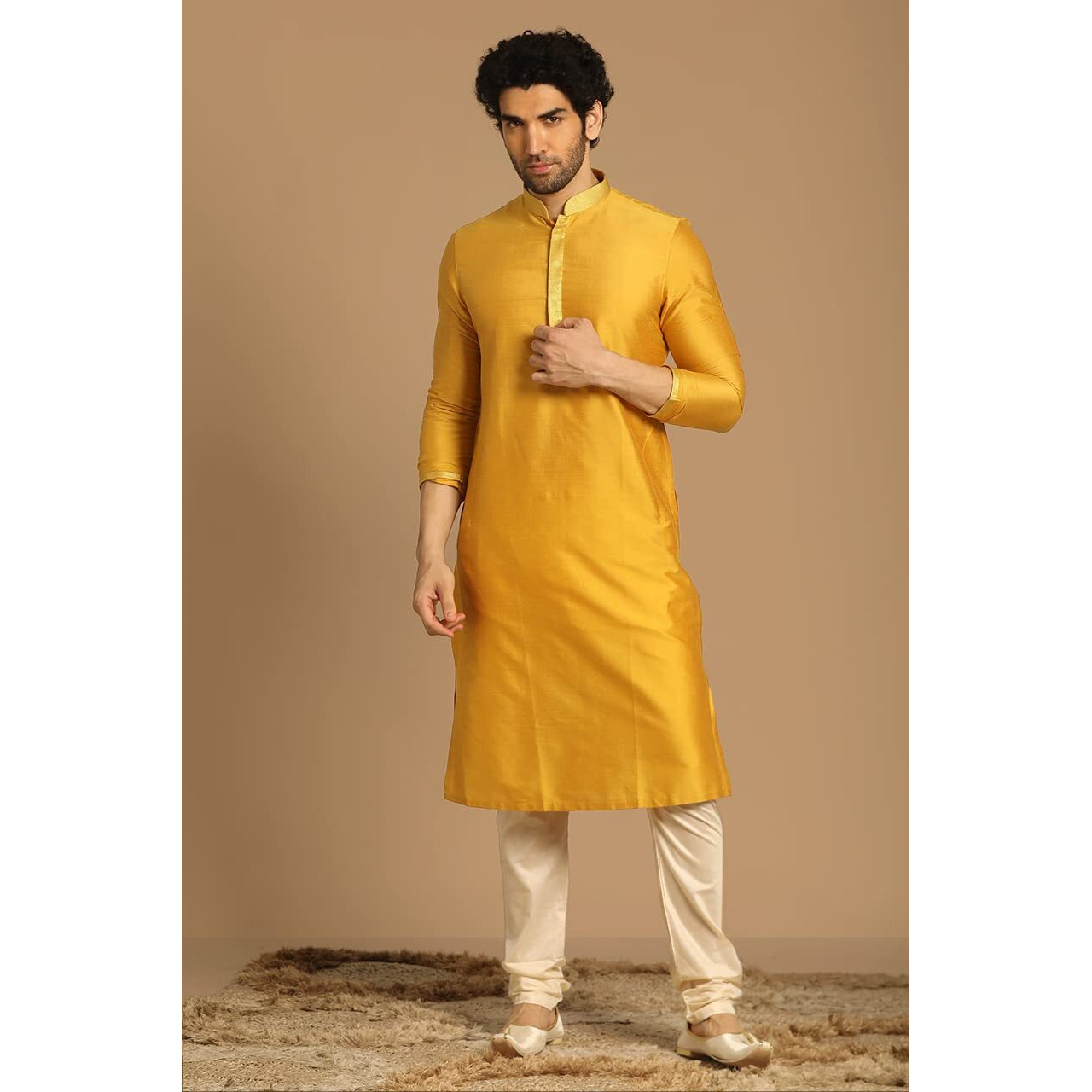 Manyavar Kurta Set for Men, Full Sleeves Mandarin Collar Ethnic Men's Kurta Set For Engagement, Wedding, Party Art Silk Solid (Mustard, XL)