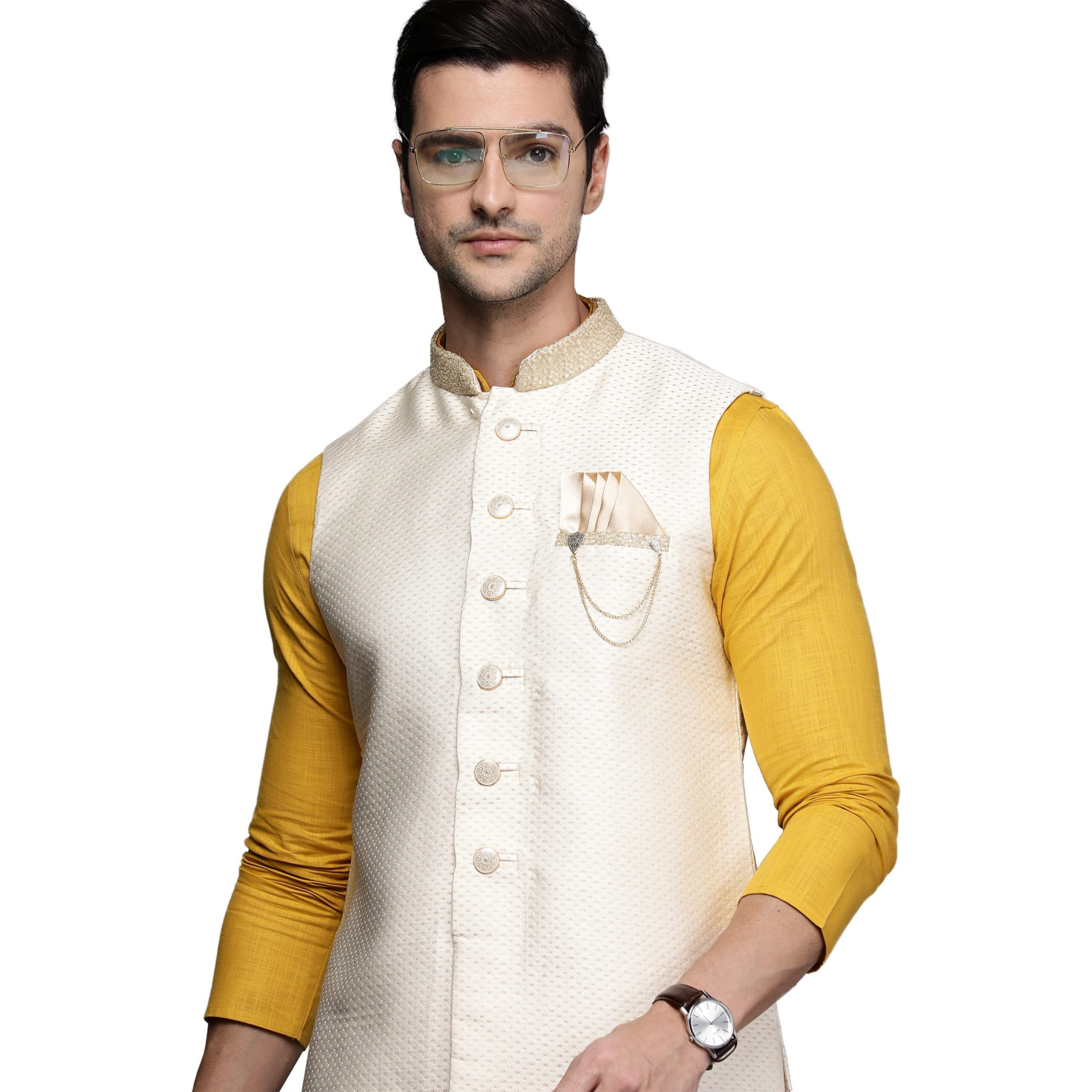 Manyavar Men's Nehru Jacket (JAC207-302_Cream_M)