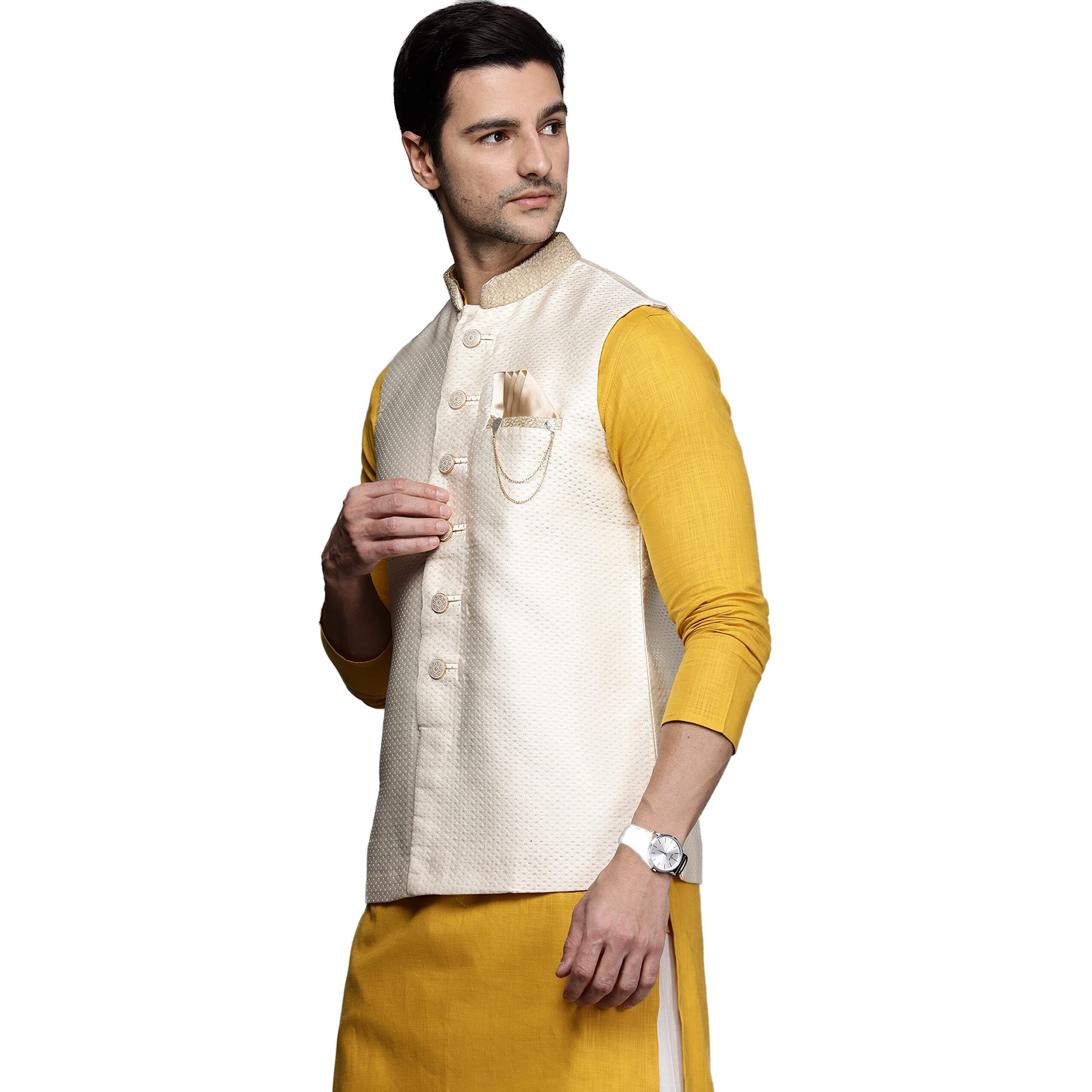 Manyavar Men's Nehru Jacket (JAC207-302_Cream_M)