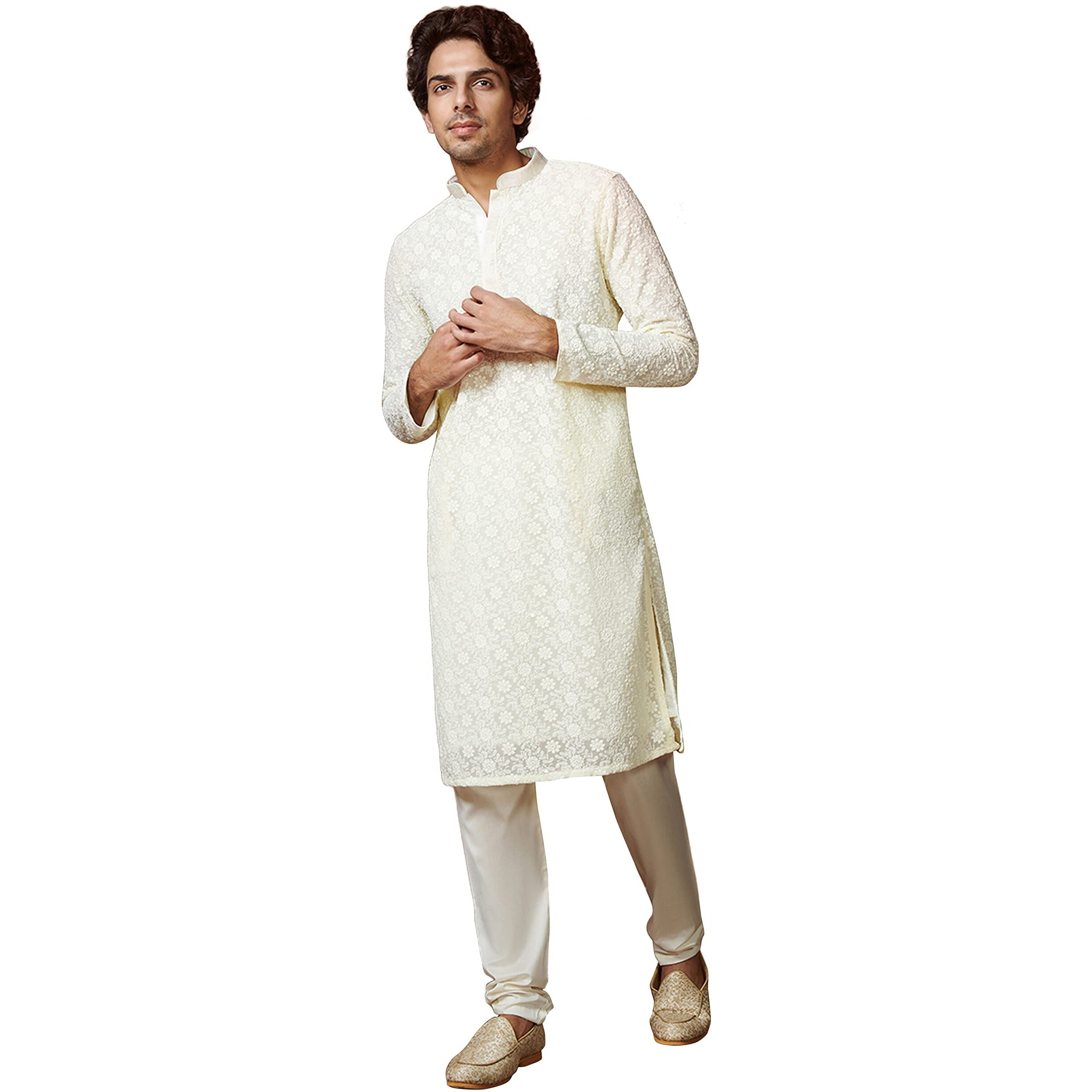 Manyavar Kurta Set for Men, Full Sleeves Mandarin Collar Ethnic Kurta Set For Diwali, Wedding, Party All Over Self Design (Off White, L)