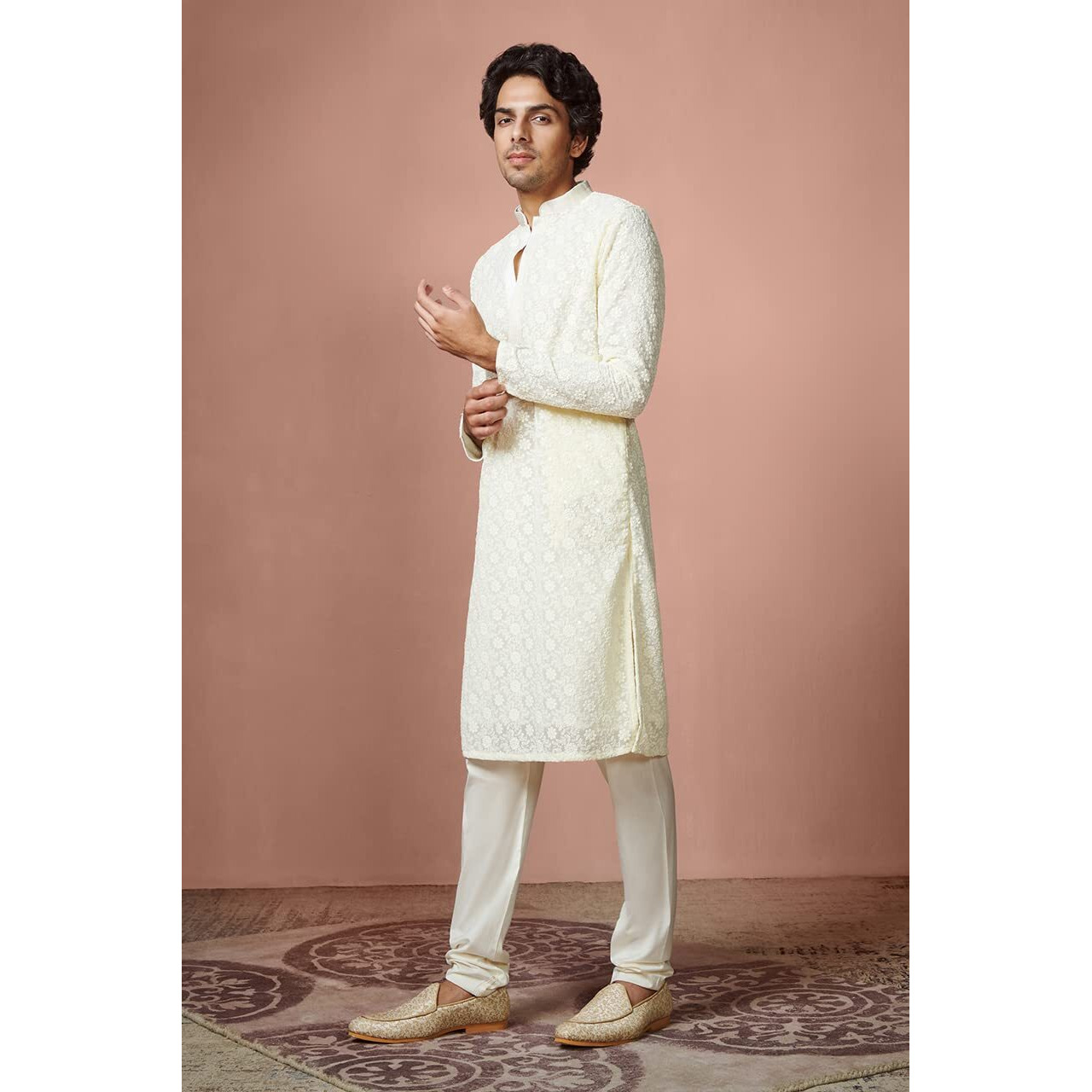 Manyavar Kurta Set for Men, Full Sleeves Mandarin Collar Ethnic Kurta Set For Diwali, Wedding, Party All Over Self Design (Off White, L)