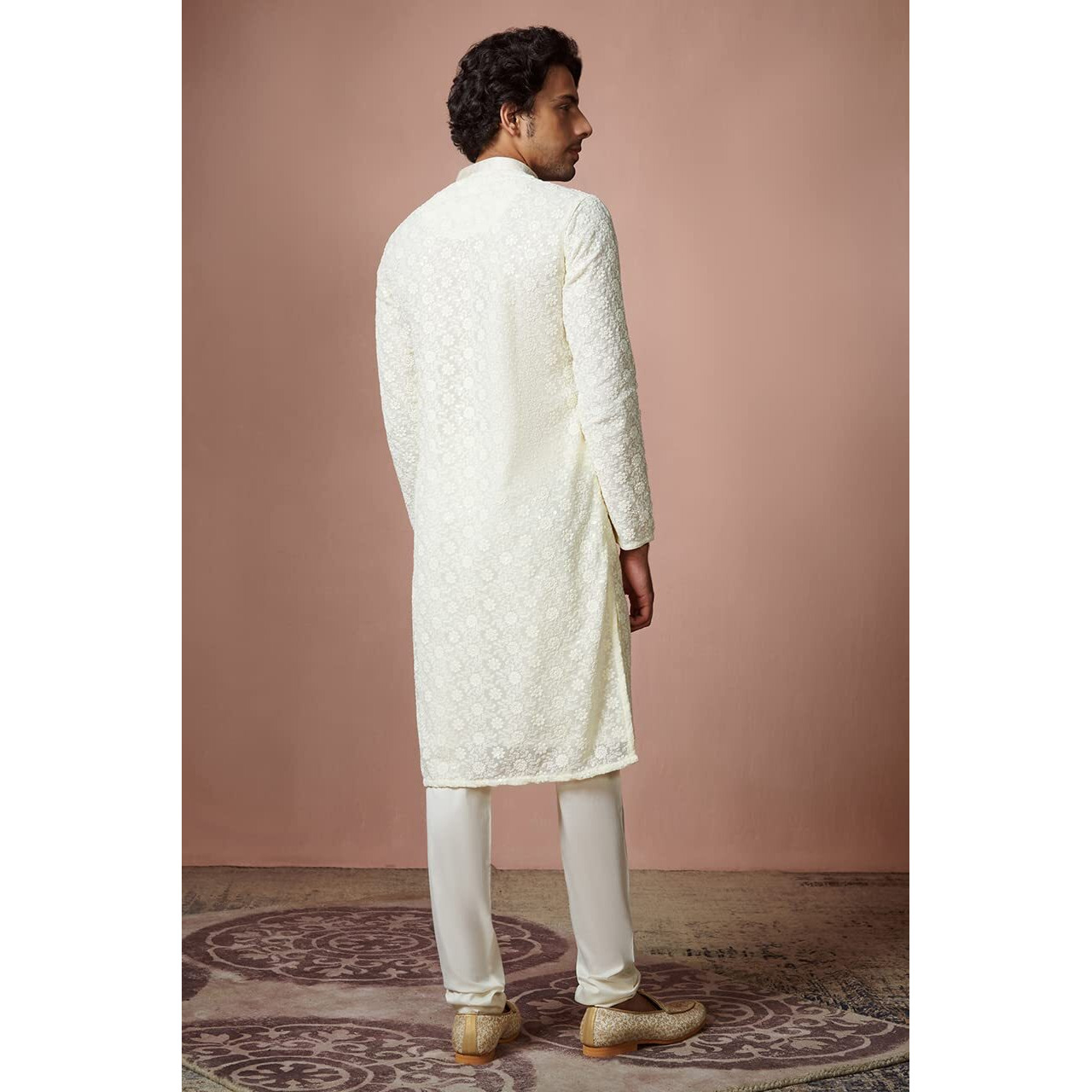 Manyavar Kurta Set for Men, Full Sleeves Mandarin Collar Ethnic Kurta Set For Diwali, Wedding, Party All Over Self Design (Off White, L)