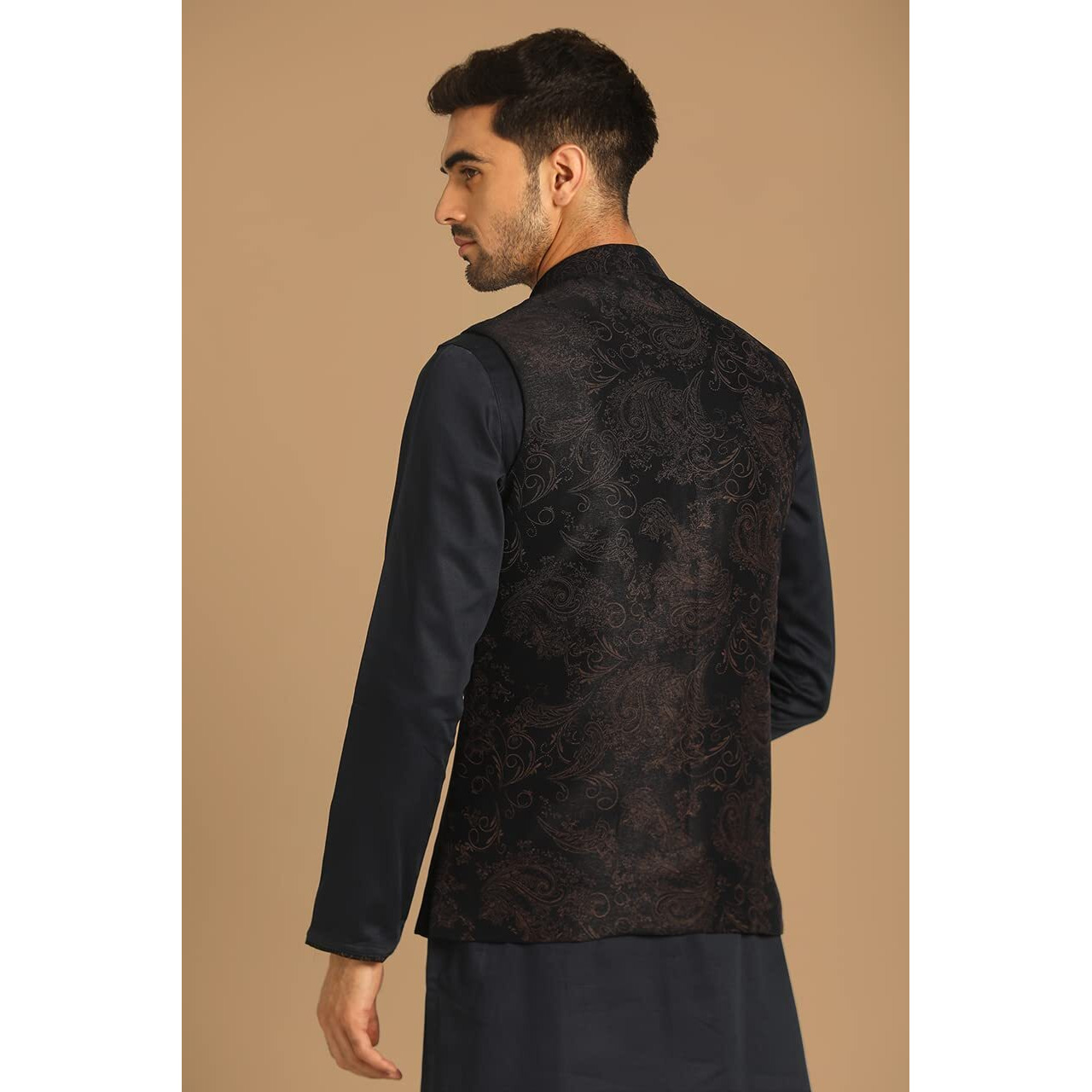 Manyavar Kurta Jacket Pencil Pant Set, Blended Rayon Full Sleeves Mandarin Collar Printed Ethnic Wear for Men (Blue, XL)