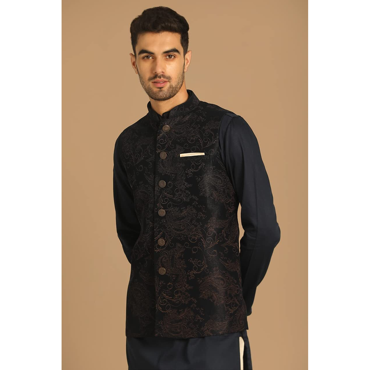 Manyavar Kurta Jacket Pencil Pant Set, Blended Rayon Full Sleeves Mandarin Collar Printed Ethnic Wear for Men (Blue, XL)