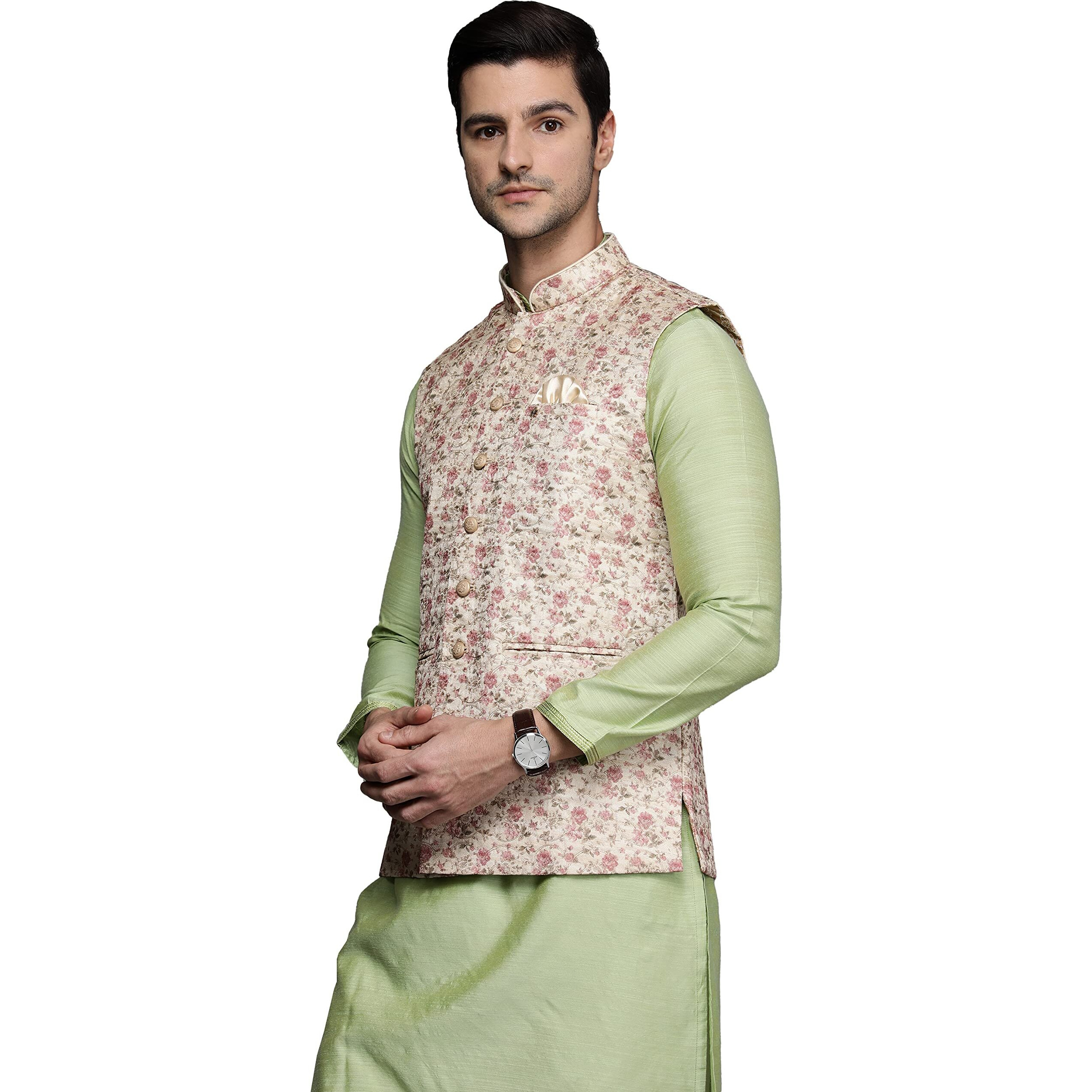 Manyavar Men's Nehru Jacket (JAC229-303_Biscuit_S)