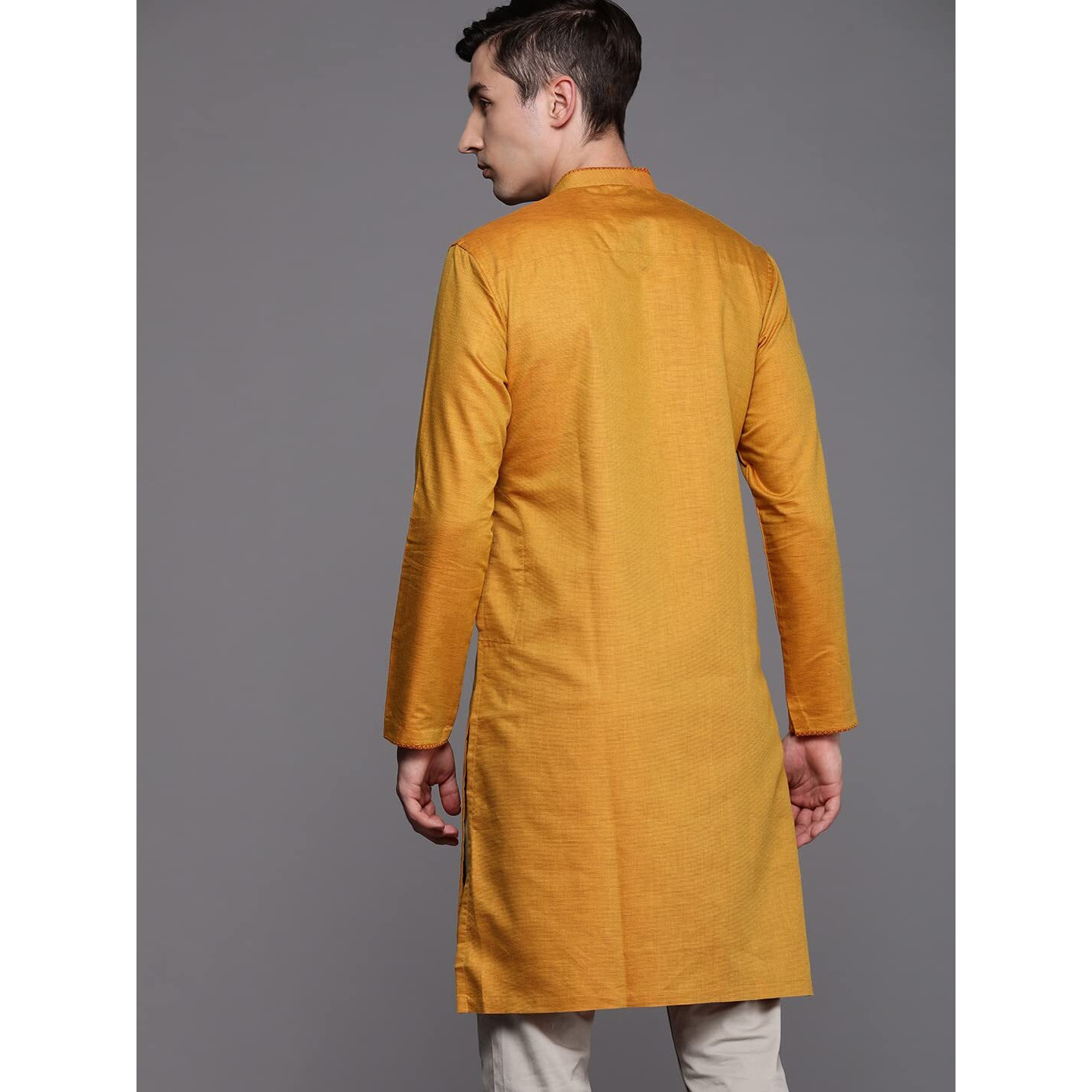 Manyavar Men's Kurta, Full Sleeves Mandarin Collar Ethnic Knee Length Kurta Only, Kurta for Festival, Wedding, Party & Anniversary, Blended Cotton (Mustard, L)