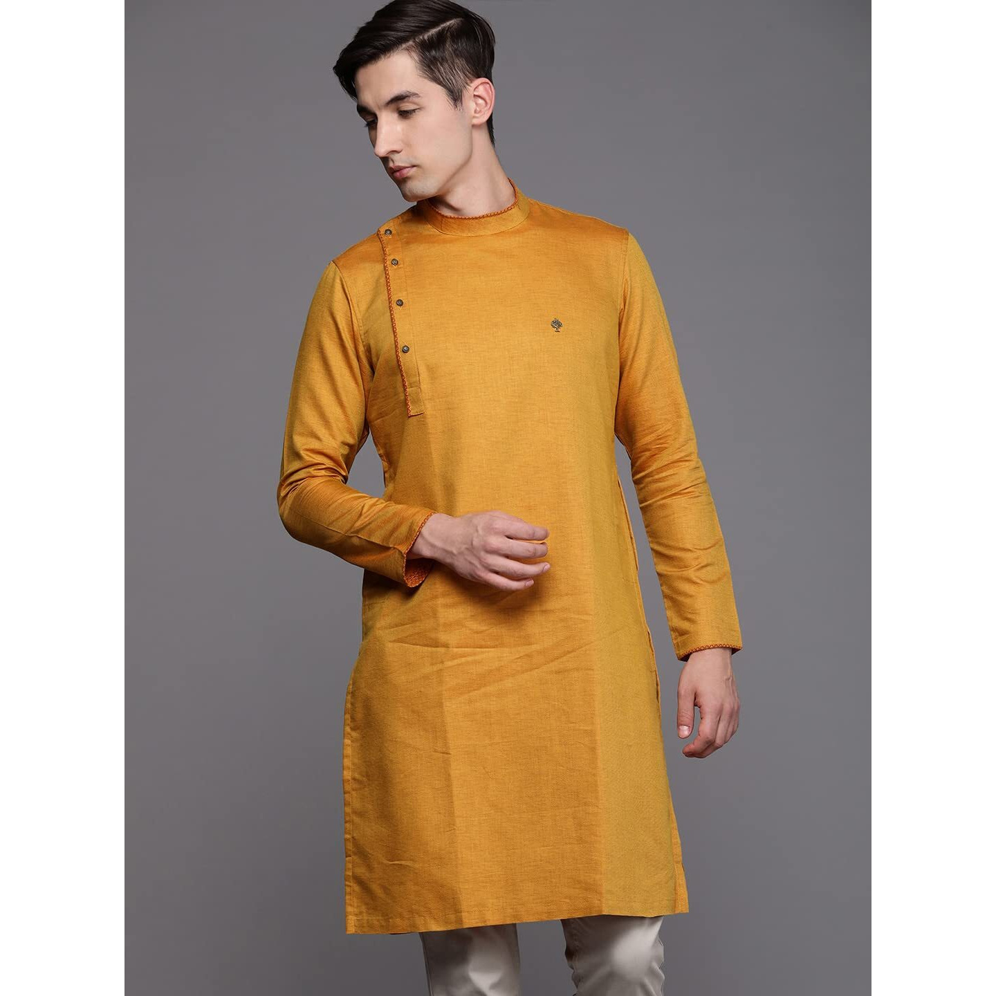 Manyavar Men's Kurta, Full Sleeves Mandarin Collar Ethnic Knee Length Kurta Only, Kurta for Festival, Wedding, Party & Anniversary, Blended Cotton (Mustard, L)