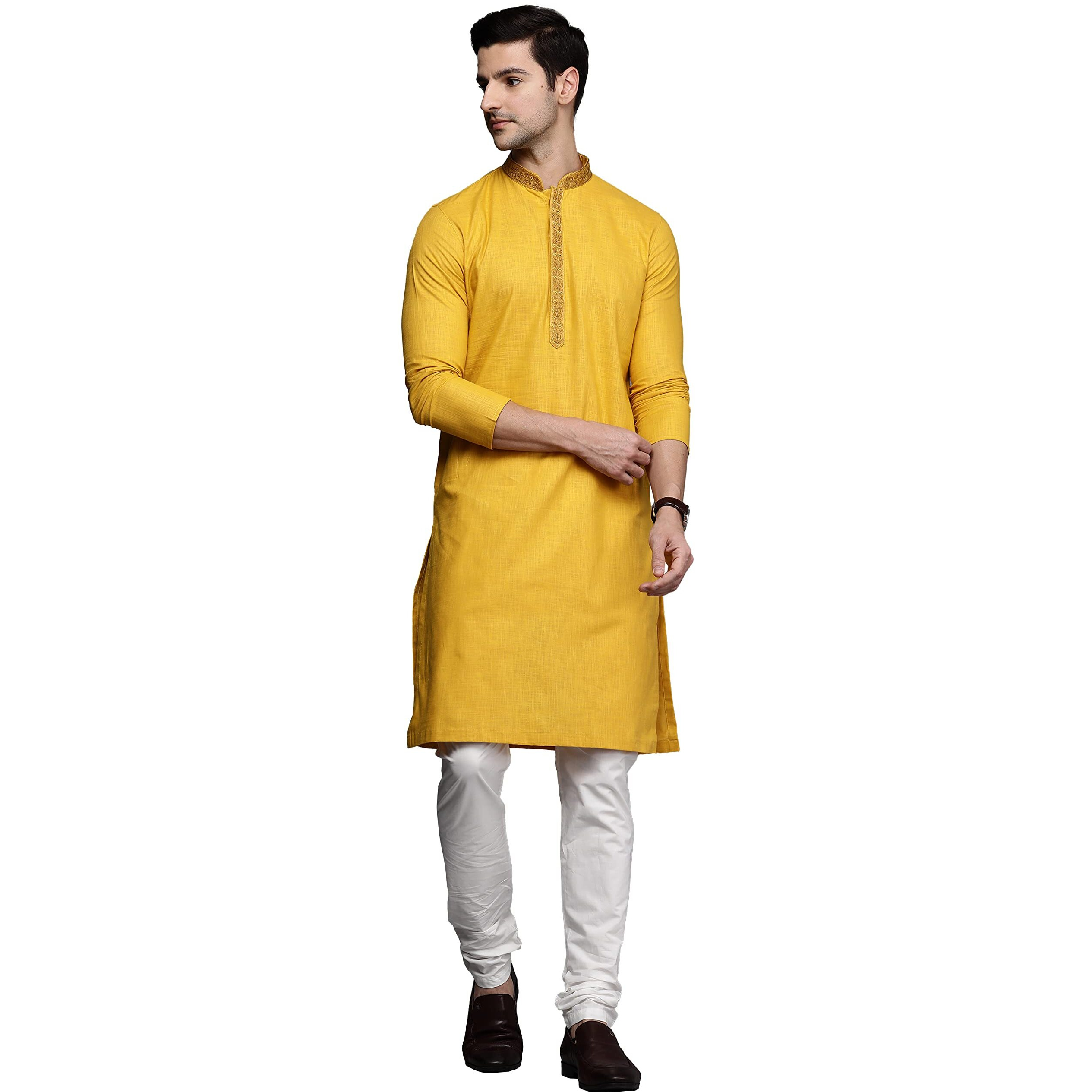 Manyavar Kurta Set for Men, Full Sleeves Mandarin Collar Ethnic Kurta Set Blended Cotton (Light Orange, L)