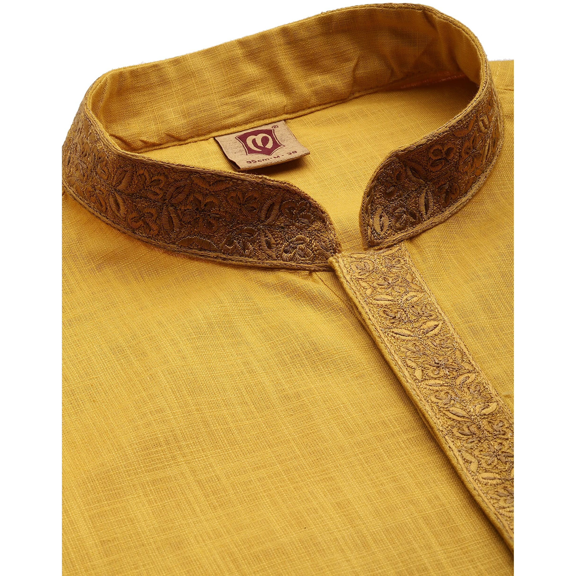 Manyavar Kurta Set for Men, Full Sleeves Mandarin Collar Ethnic Kurta Set Blended Cotton (Light Orange, L)