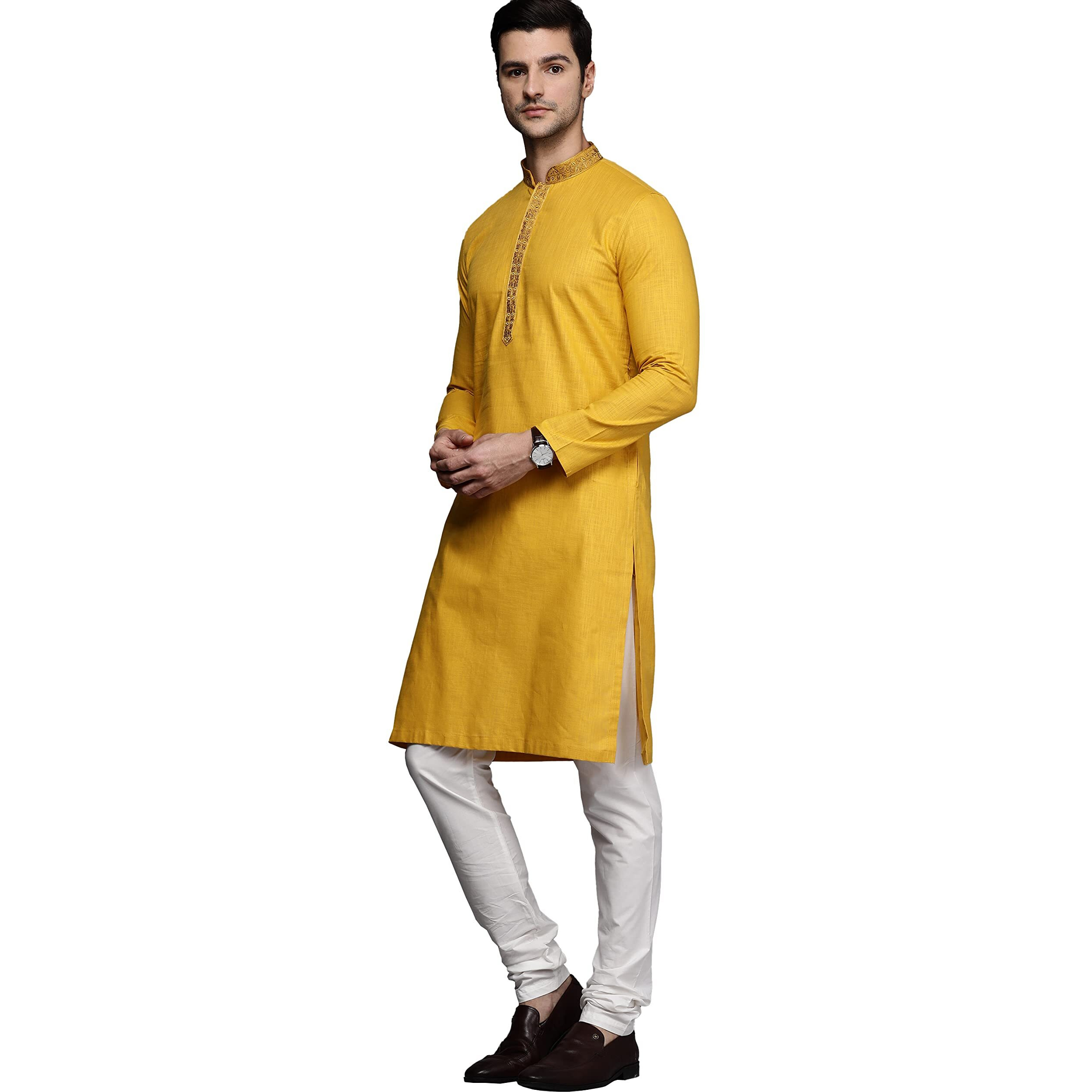 Manyavar Kurta Set for Men, Full Sleeves Mandarin Collar Ethnic Kurta Set Blended Cotton (Light Orange, L)