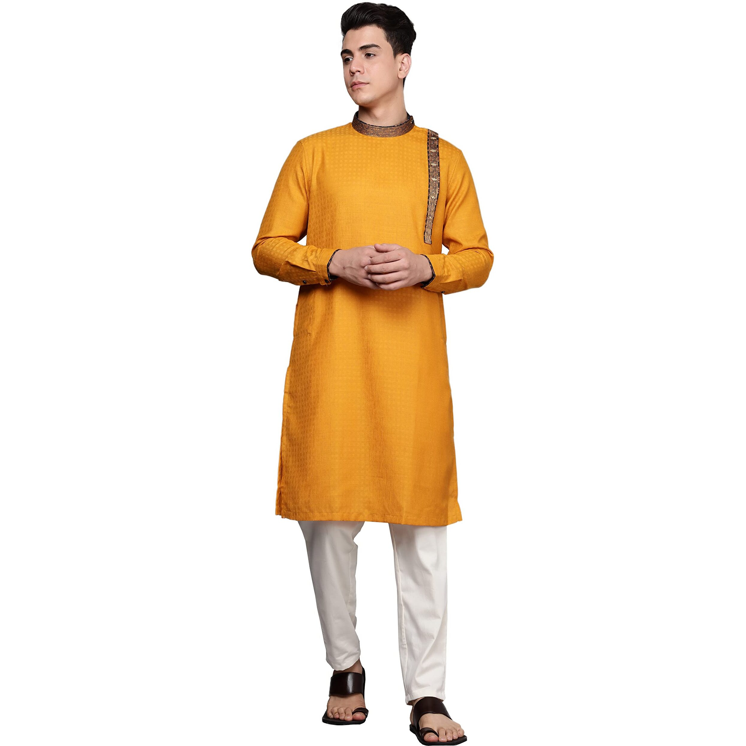 Manyavar Mens Kurta Only, Ethnic Kurta for Men, Full Sleeves Mandarin Collar Self Designed Blended Viscose Light Orange Kurta (L)
