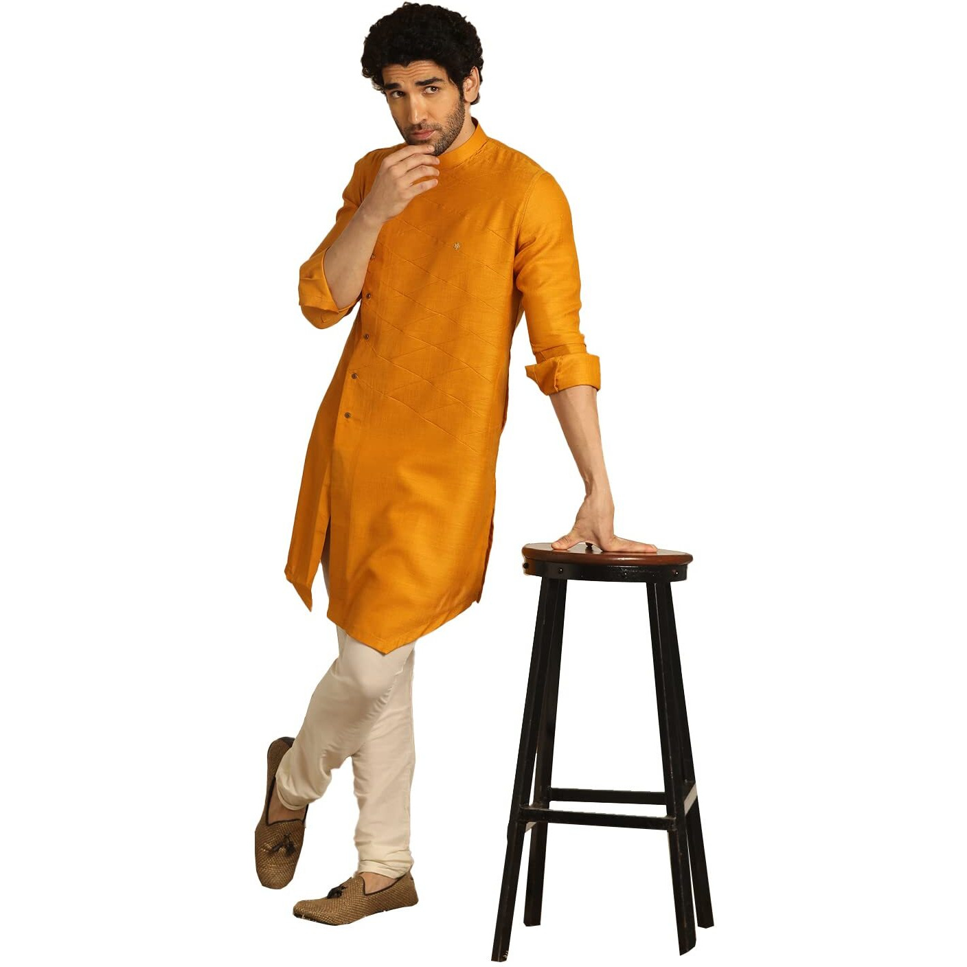 Manyavar Kurta Only, Blended Viscose Full Sleeves Mandarin Collar Self Design Ethnic Wear for Men (Light Orange, L)