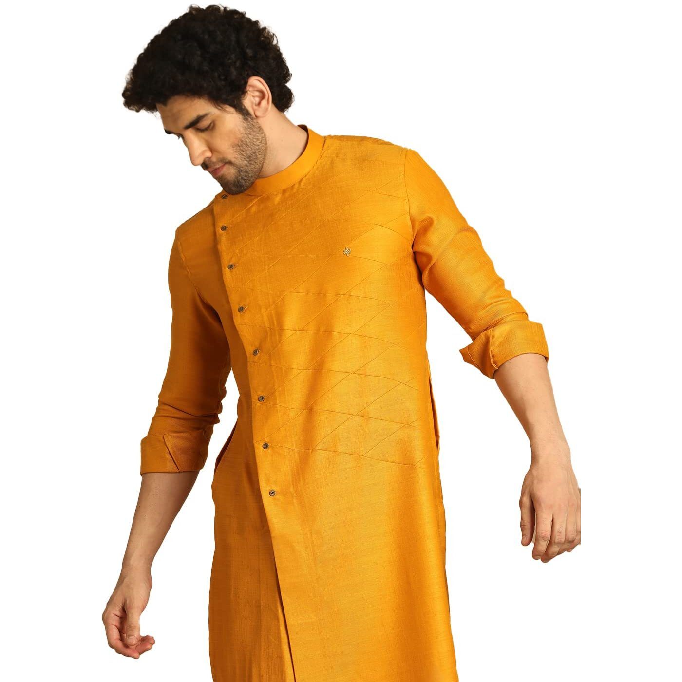 Manyavar Kurta Only, Blended Viscose Full Sleeves Mandarin Collar Self Design Ethnic Wear for Men (Light Orange, L)