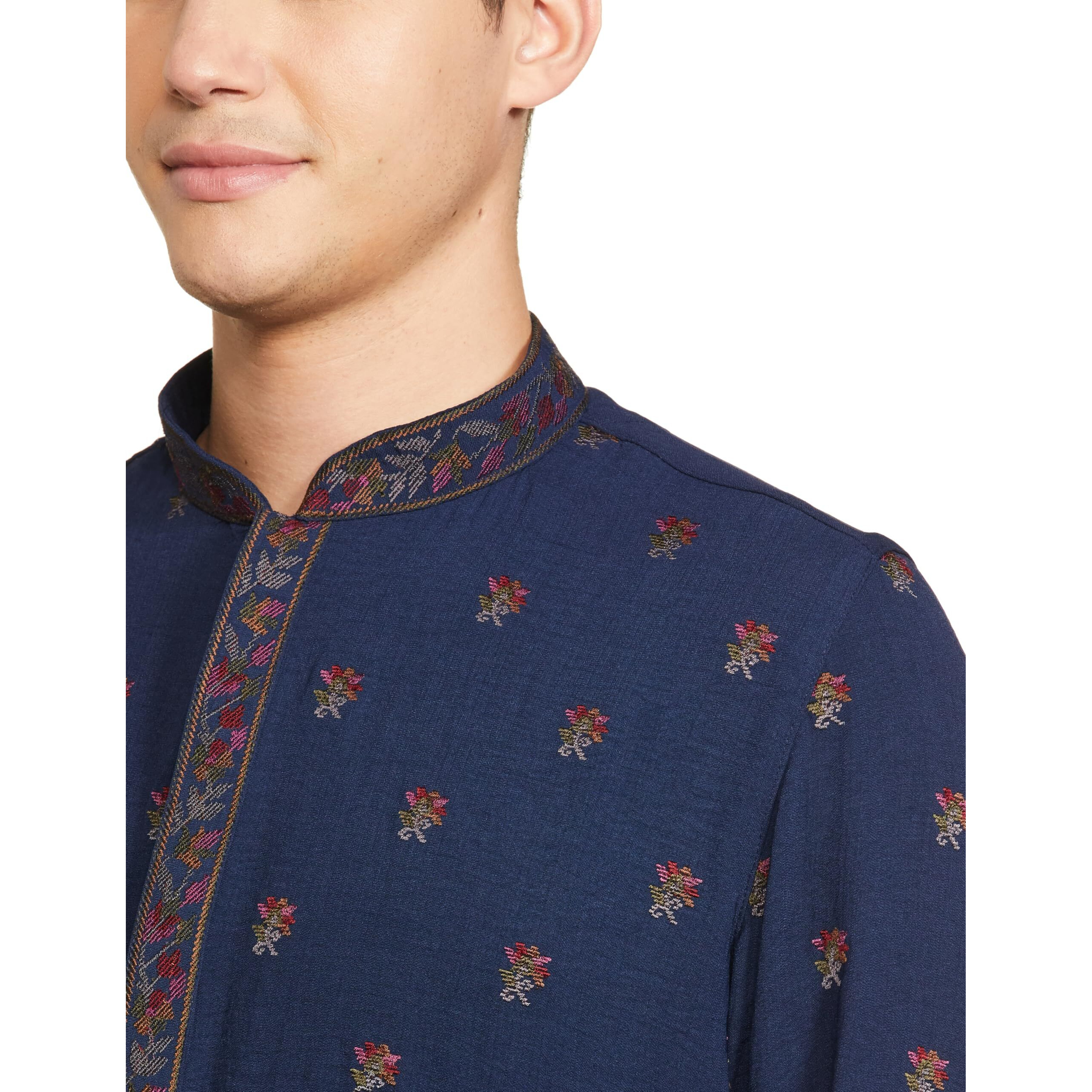 Manyavar Blue Art Silk Embroidered Casual Kurta Set for Men
