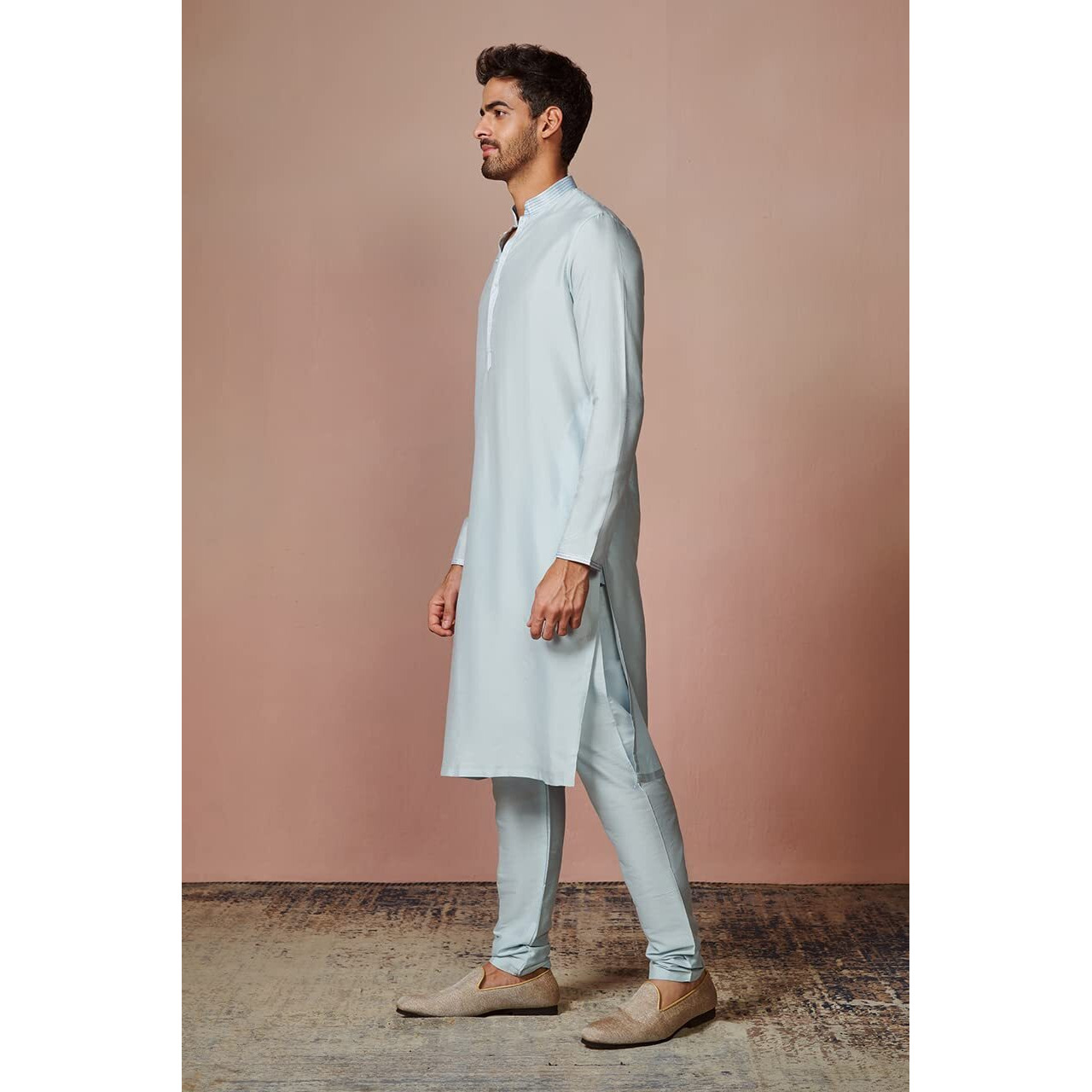 Manyavar Kurta Set for Men, Full Sleeves Mandarin Collar Ethnic Kurta Set For Diwali, Wedding, Party Solid (Peach, L)