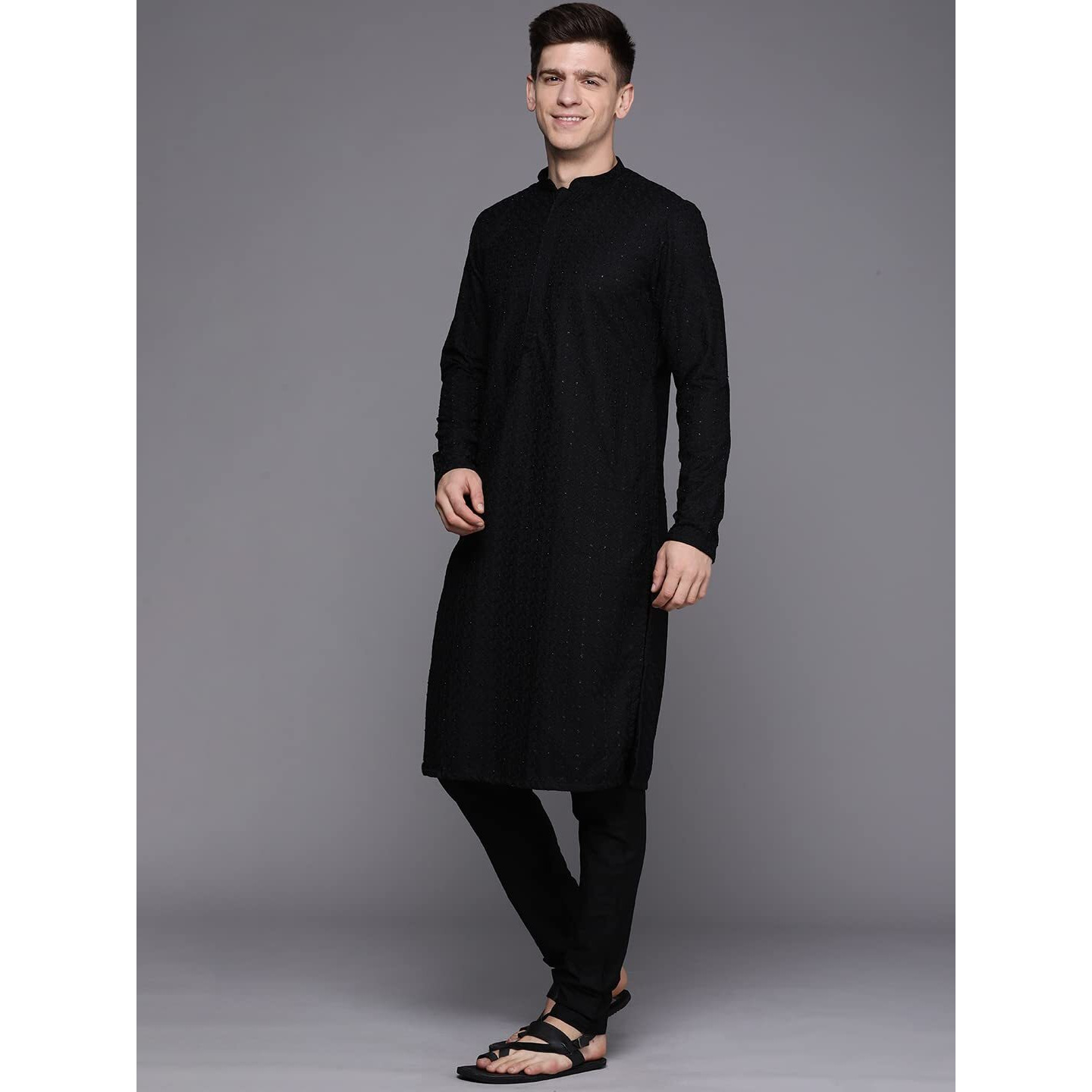 Manyavar Kurta Set for Men, Full Sleeves Mandarin Collar Ethnic Men's Kurta Set For Engagement, Wedding, Party Blended Cotton Self Design (Black, L)