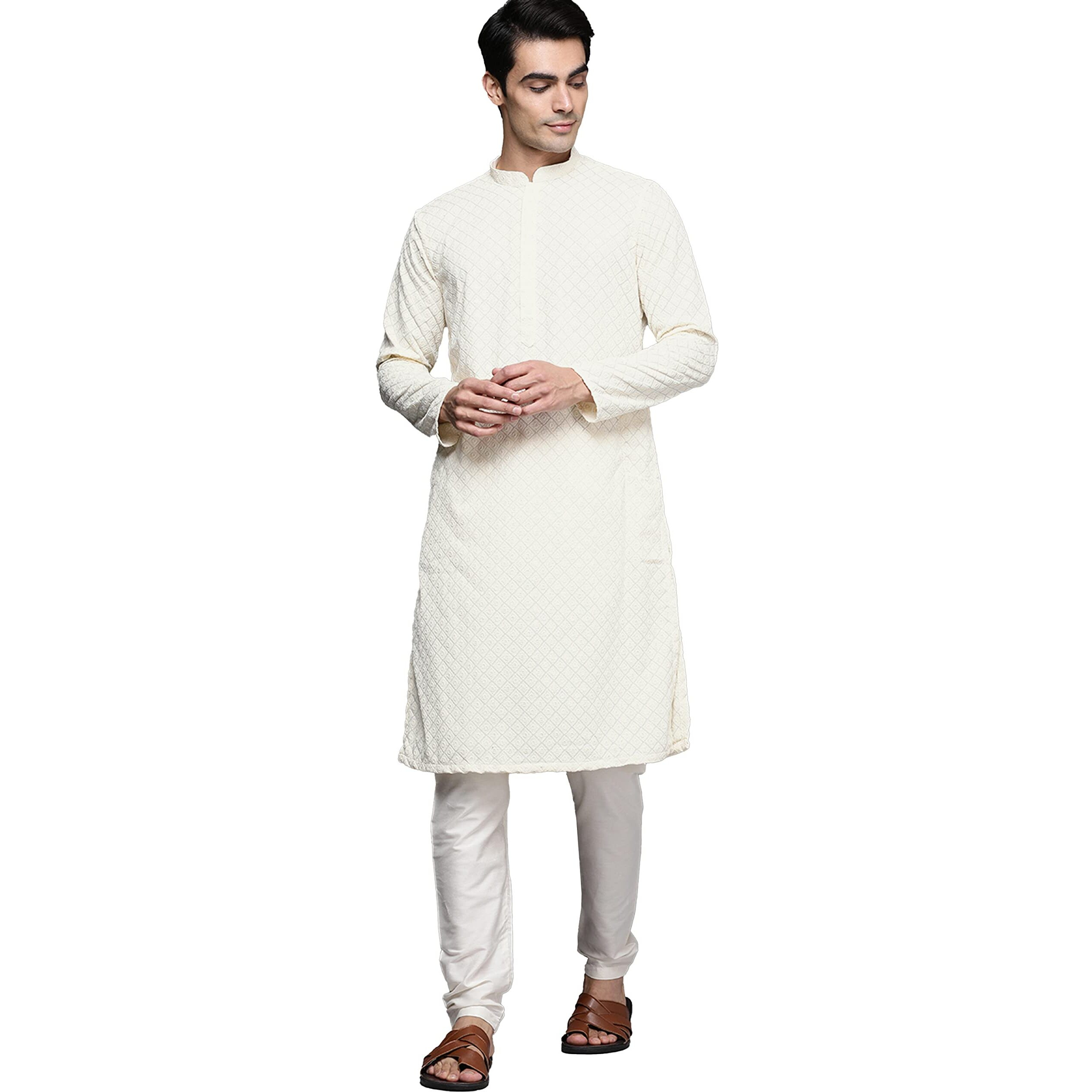 Manyavar Kurta Set For Men, Full Sleeves Mandarin Collar Ethnic Kurta Set For Engagement, Wedding, Party All Over Self Design (Off White, L)