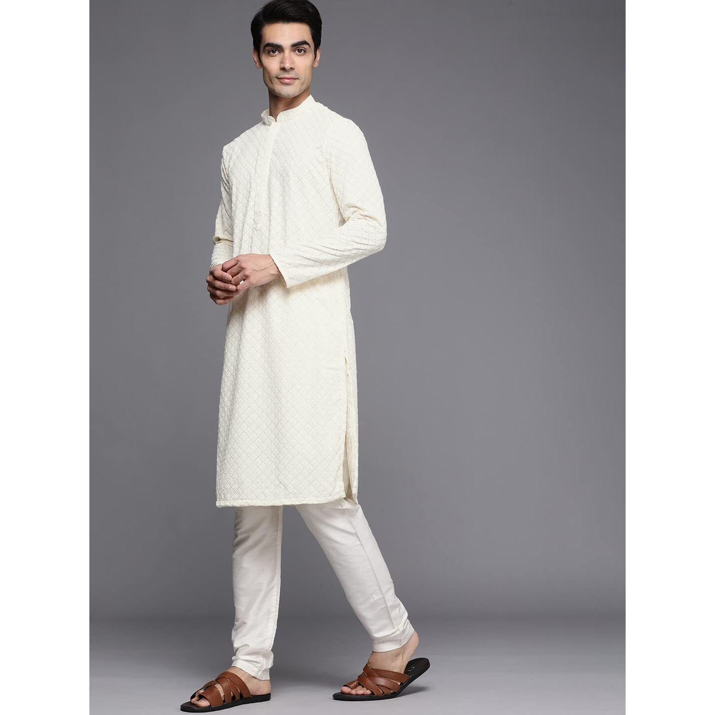 Manyavar Kurta Set For Men, Full Sleeves Mandarin Collar Ethnic Kurta Set For Engagement, Wedding, Party All Over Self Design (Off White, L)